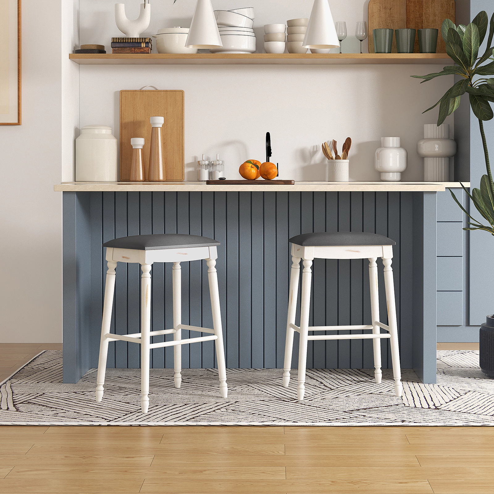 Glintex 2-Piece 29-Inch Backless Bar Stool Set with Antiqued Wood Legs, Gray + Antique White