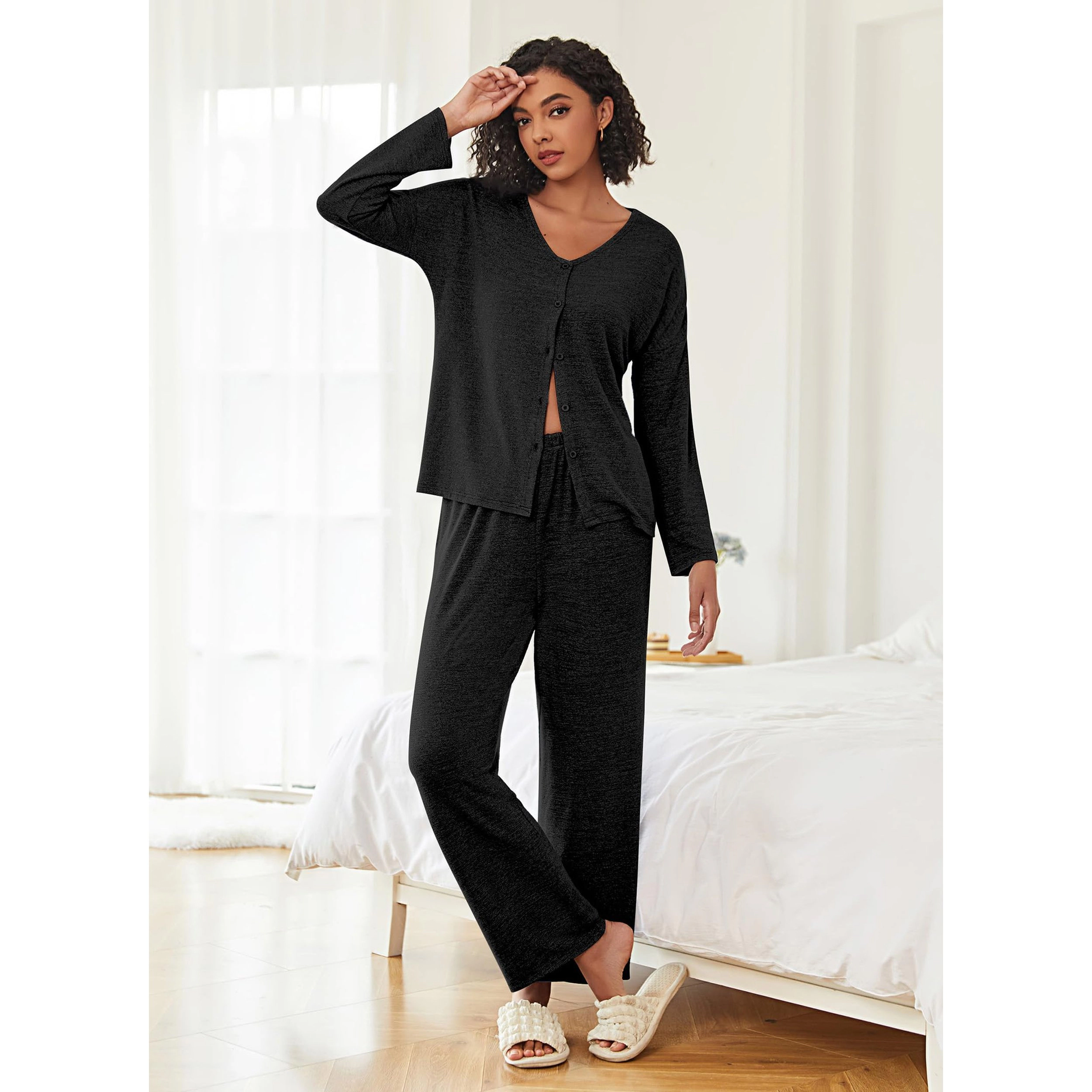Ekouaer Womens Pajama Sets Button Up Long Sleeve Pajamas Lounge Set Two Piece Sleepwear