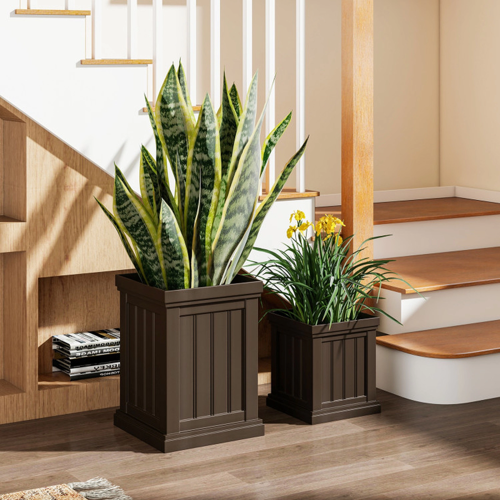 SUGIFT Square Planters Set of 2 Flower Pots with Drainage Holes and Nesting Design Light Brown