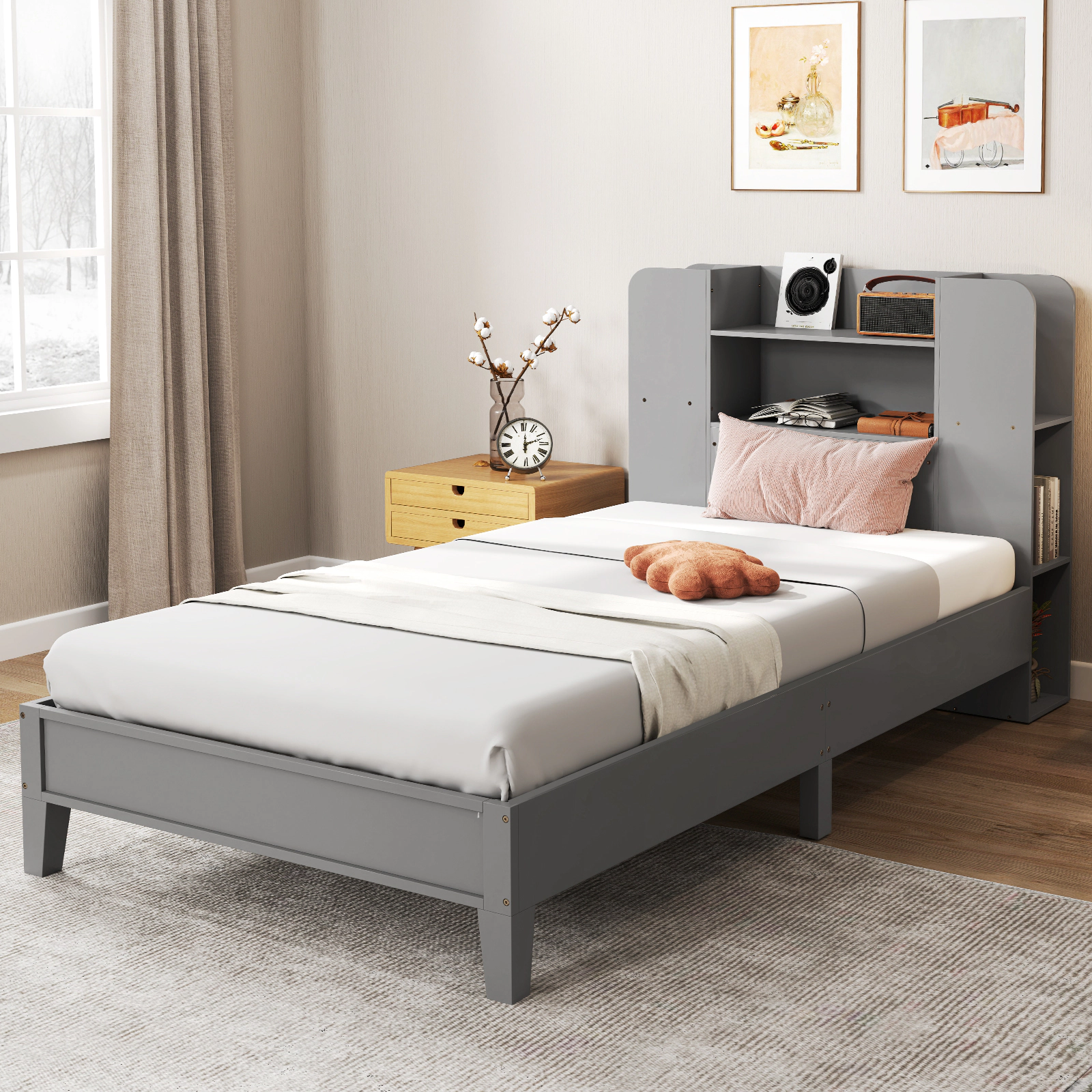 SUGIFT Twin Size Wooden Platform Bed Frame with Bookcase Headboard 400-lb Capacity 6-in Under-Bed Storage White/Gray