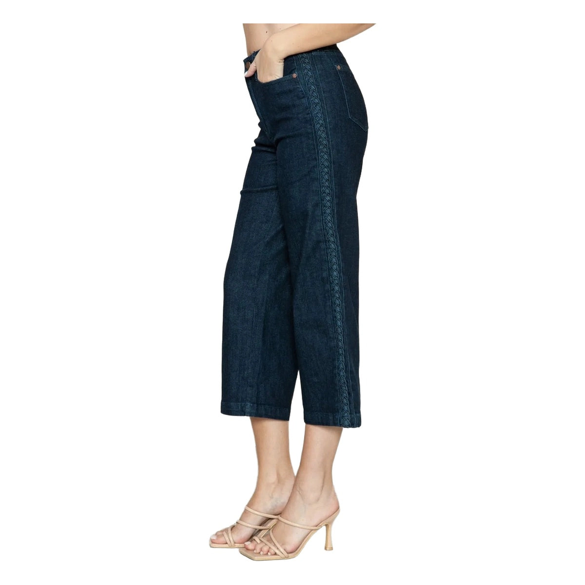 Judy Blue Full Side Seam Braid Detail Crop Wide Leg Jeans