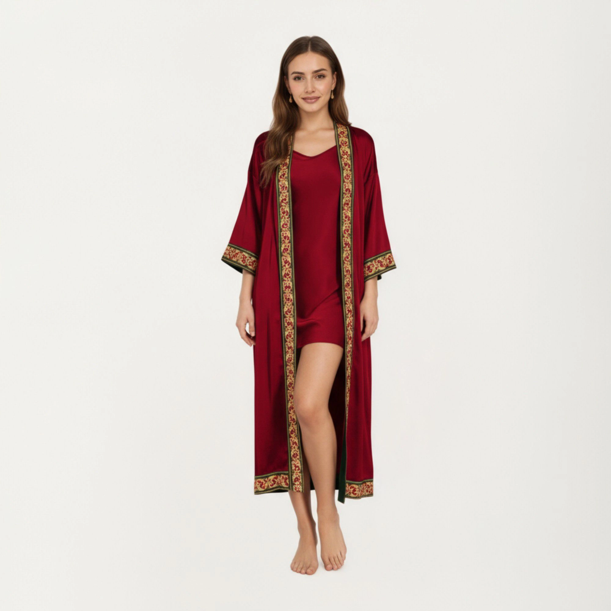 Anna-Kaci Women's Satin Long Robe with Embroidered Trim and Wide Sleeves