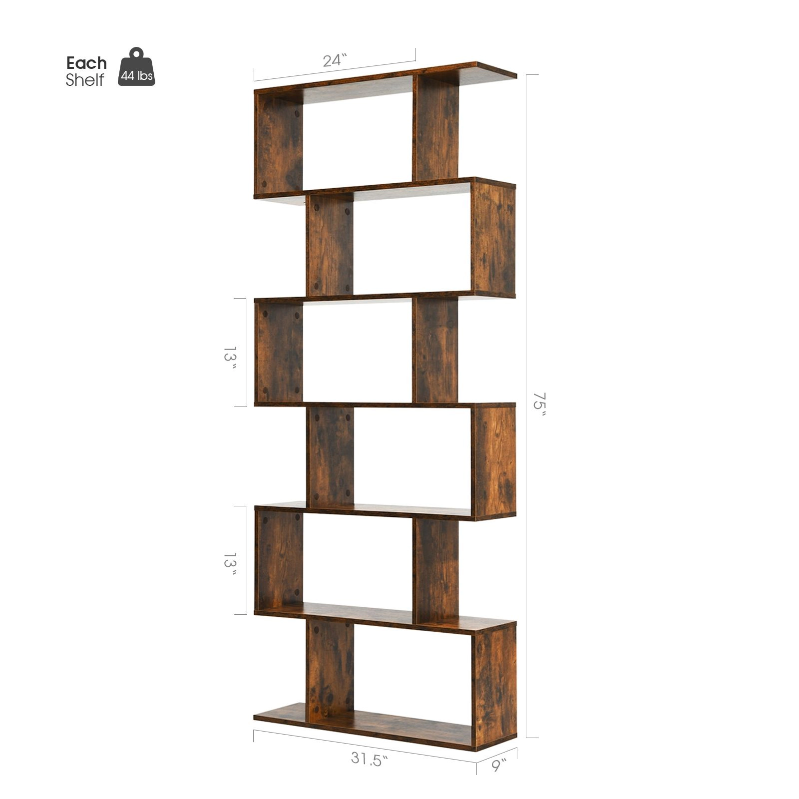 SlickBlue 6 Tier S Shaped Bookcase with Open Storage Shelves