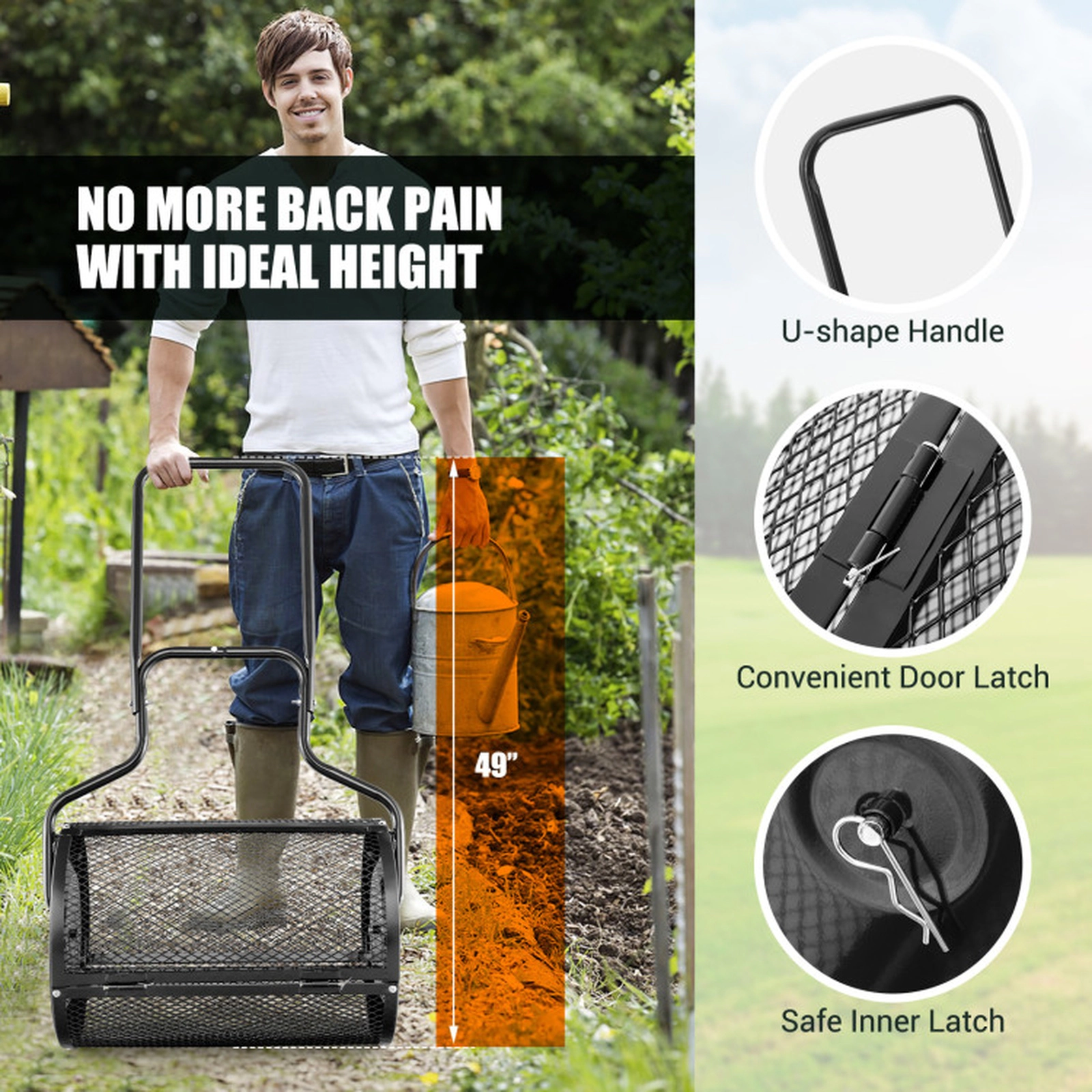 SUGIFT 24-in Mesh Drum Peat Moss Spreader with Upgraded Side Latches and U-Shape Handle 2.7 cu.ft Capacity Green Black