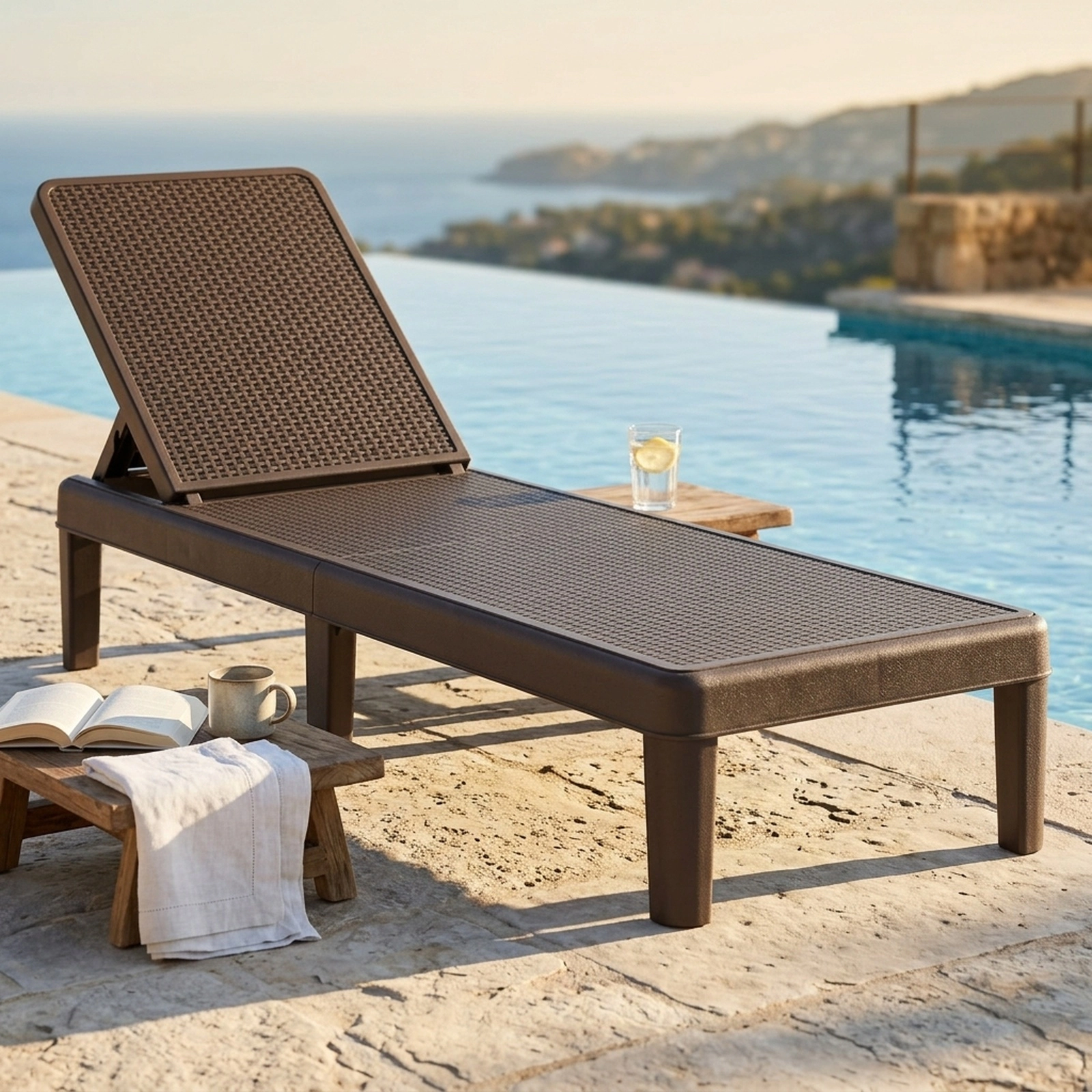SUGIFT Outdoor Chaise Lounge Chair, Brown PP Rattan Texture, 4-Position Backrest, 6-Leg Frame