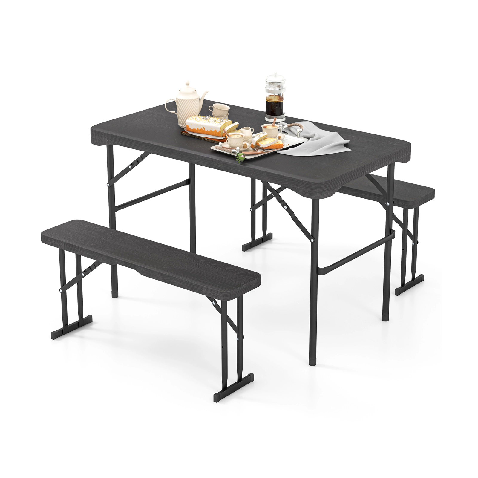 SUGIFT Outdoor Folding HDPE Table and Bench Dining Set 265-lb Table 400-lb Benches Black