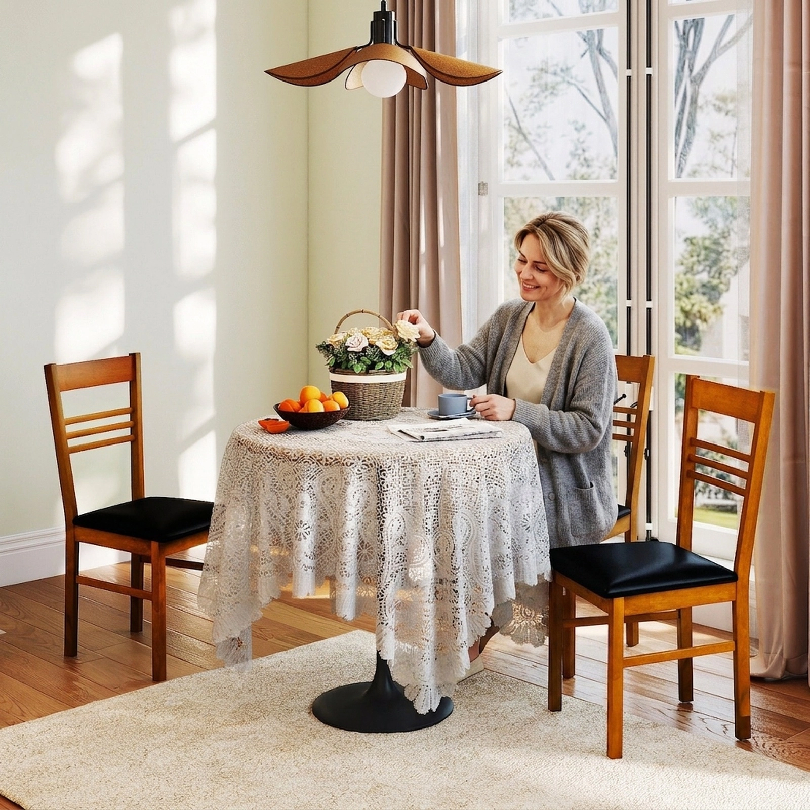 SUGIFT Set of 2 Walnut Wood Dining Chairs with Slatted High Backrests