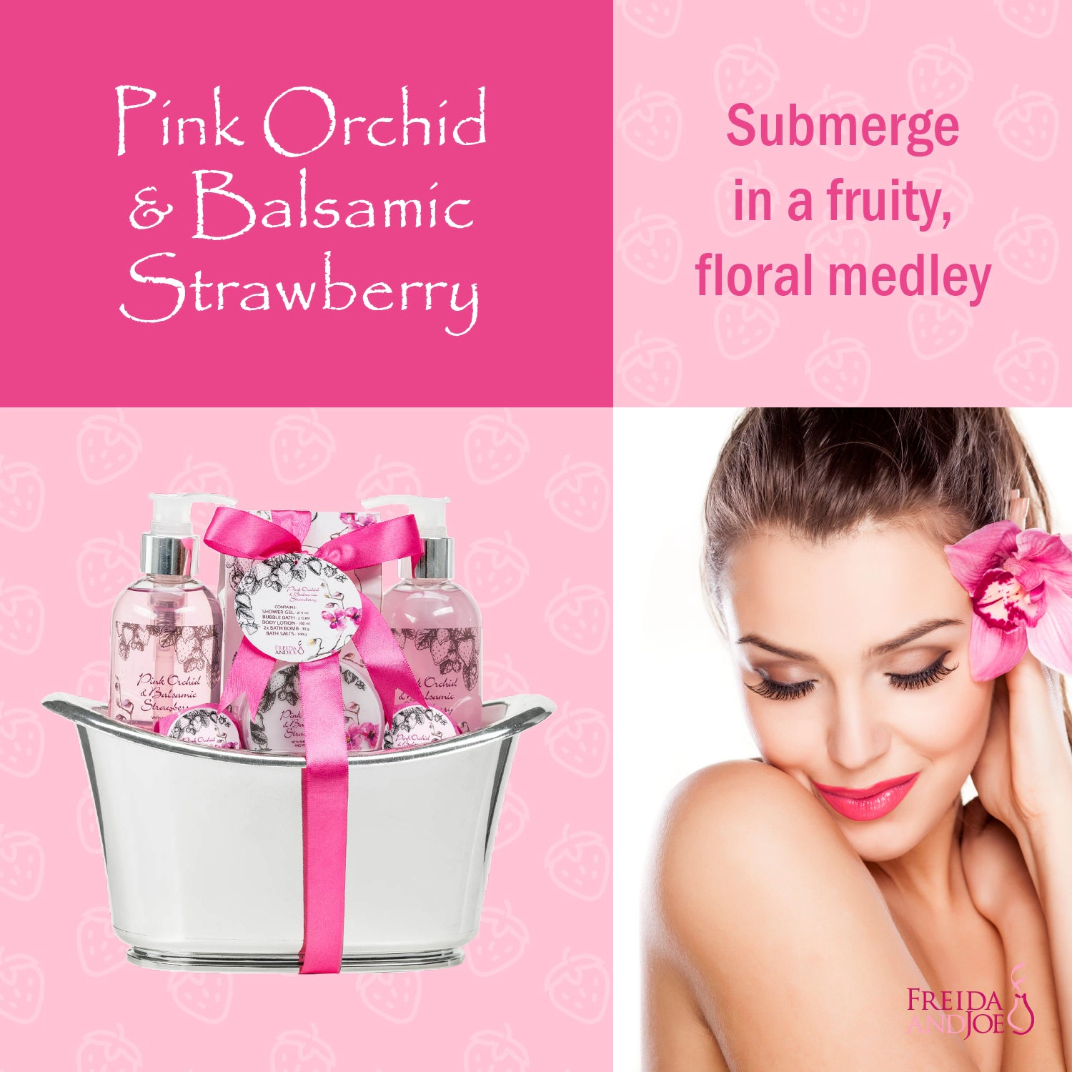 Freida and Joe Pink Orchid & Strawberry Bath & Body Spa Gift Set In A Tub