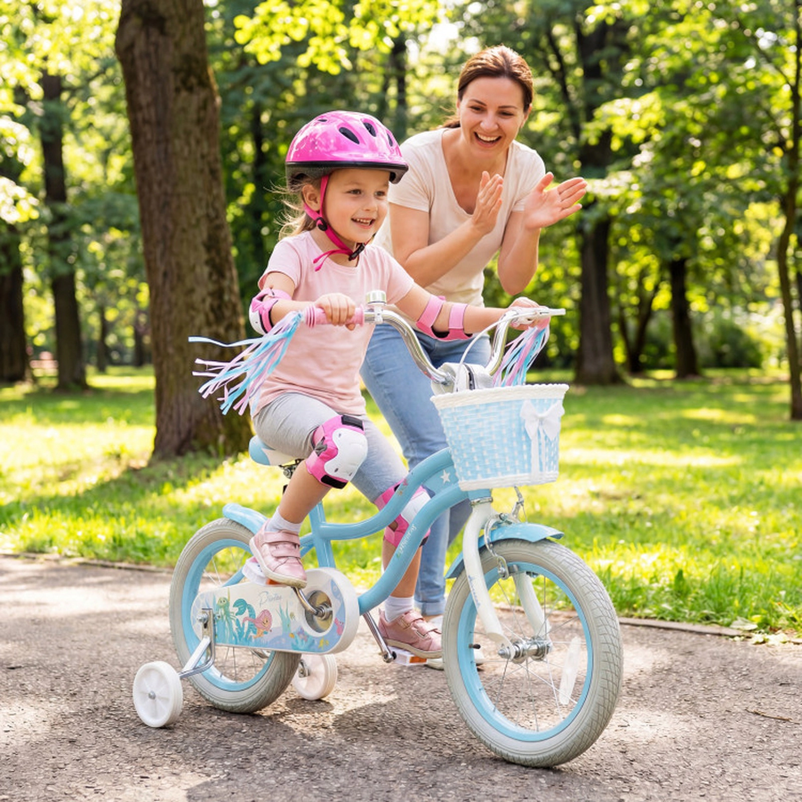 SUGIFT 14-in Blue Kids Bike with Training Wheels Storage Basket Streamers and Mermaid Graphics