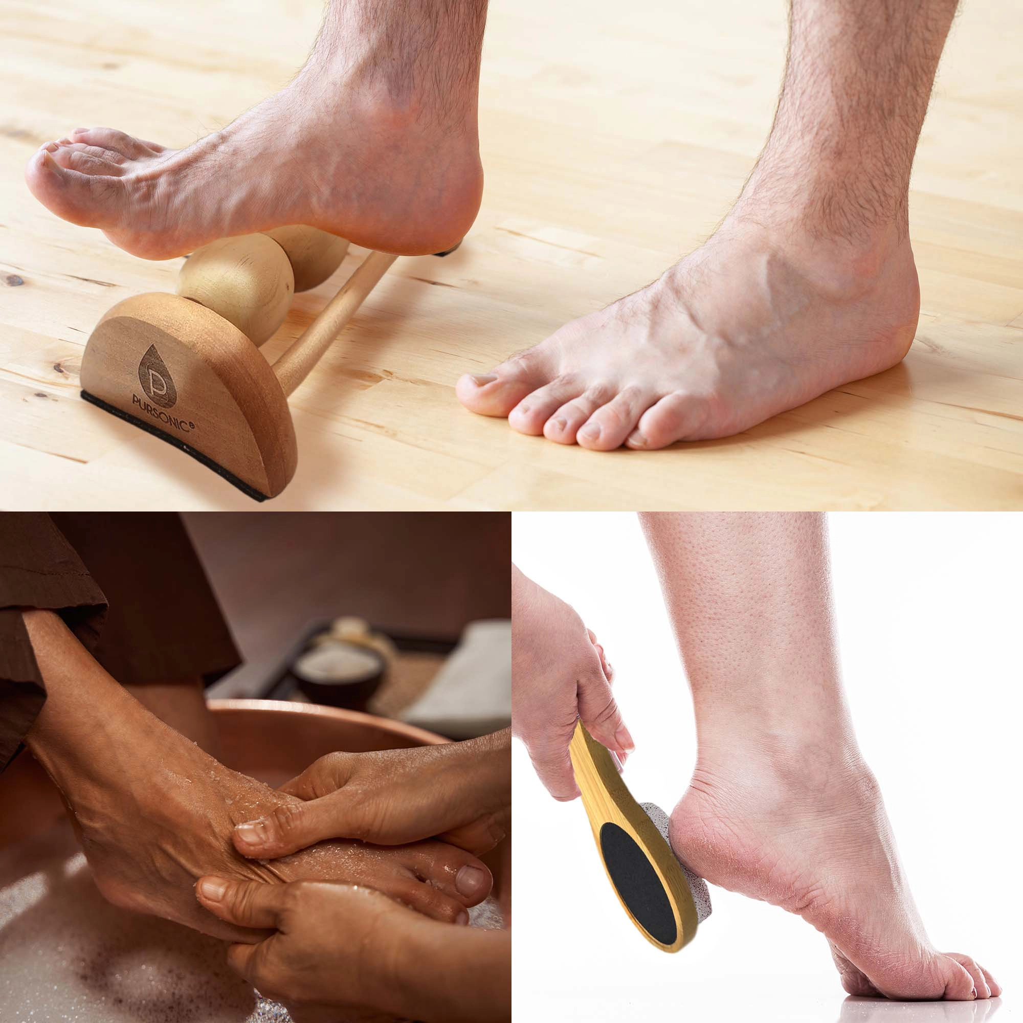 Pursonic Unisex Foot Therapy & Spa Care Bundle – Wooden Foot Massager Roller, 4-in-1 Exfoliating Foot Scrubber & Tea Tree Oil Foot Soak Set