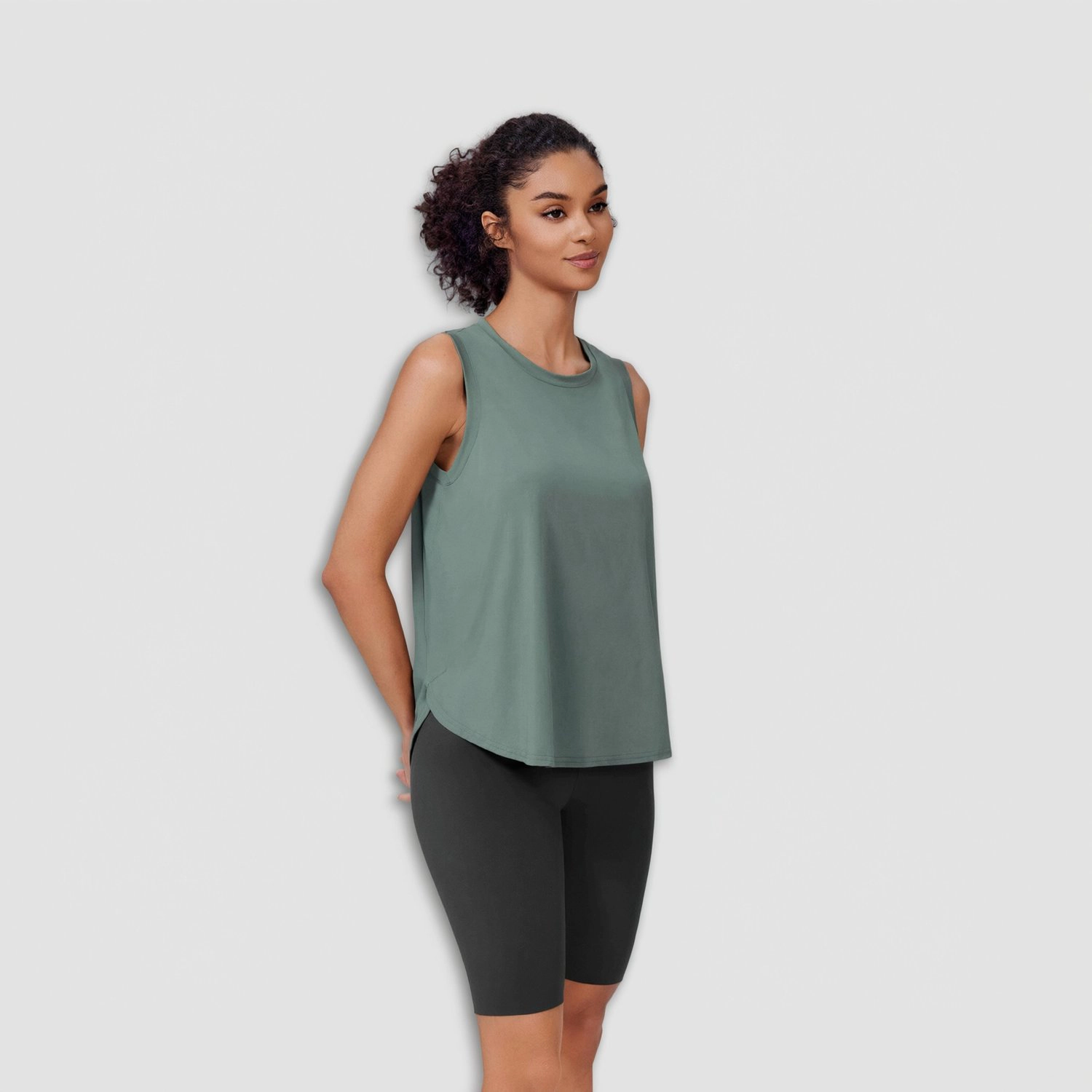 Pinspark Womens Solid Sleeveless Tank Top Crew Neck Loose Fit Curved Hem Casual Tops