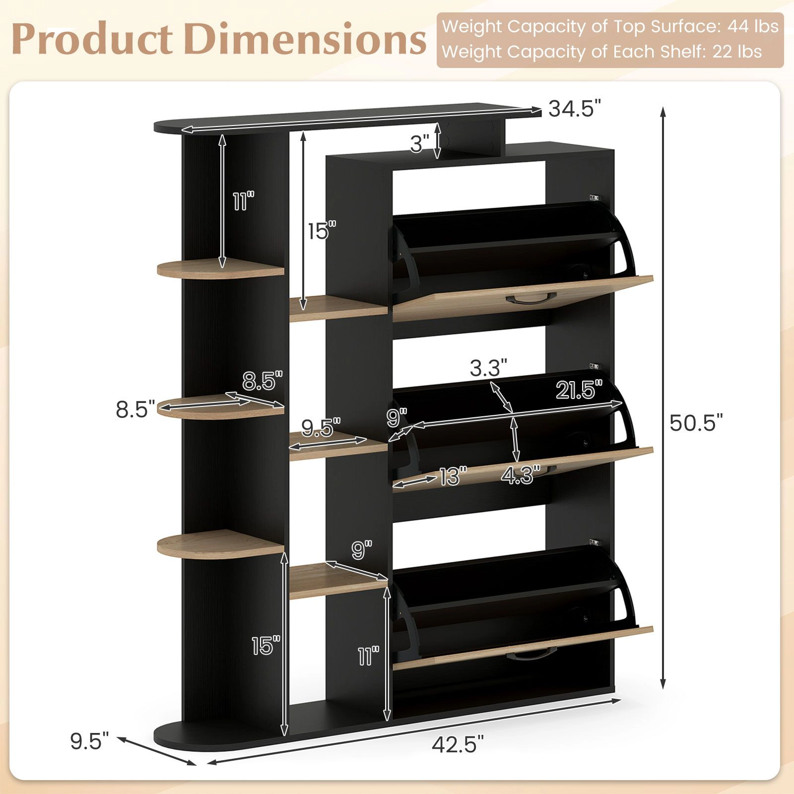 SlickBlue Entryway Shoe Storage Cabinet with 3 Flip Doors and Shelves