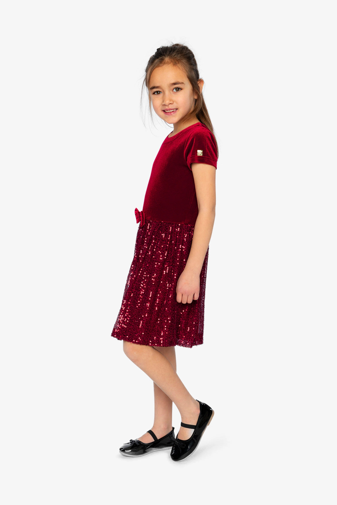 Deux par Deux Girls Bi-Material Short Sleeve Dress with Glittering Skirt