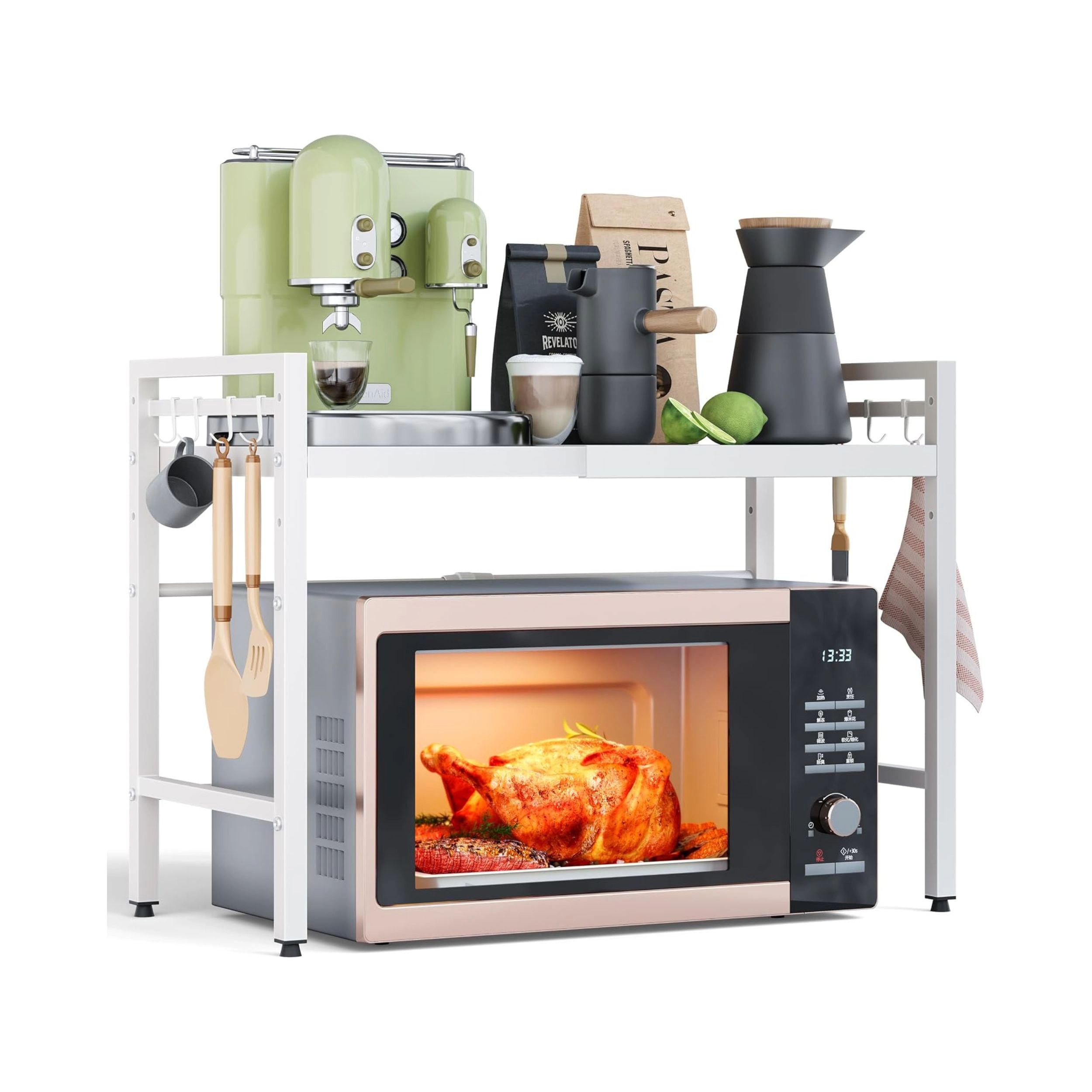 Stock Preferred 2Tier Expandable Microwave Stand with Hooks Adjustable Kitchen Storage Rack