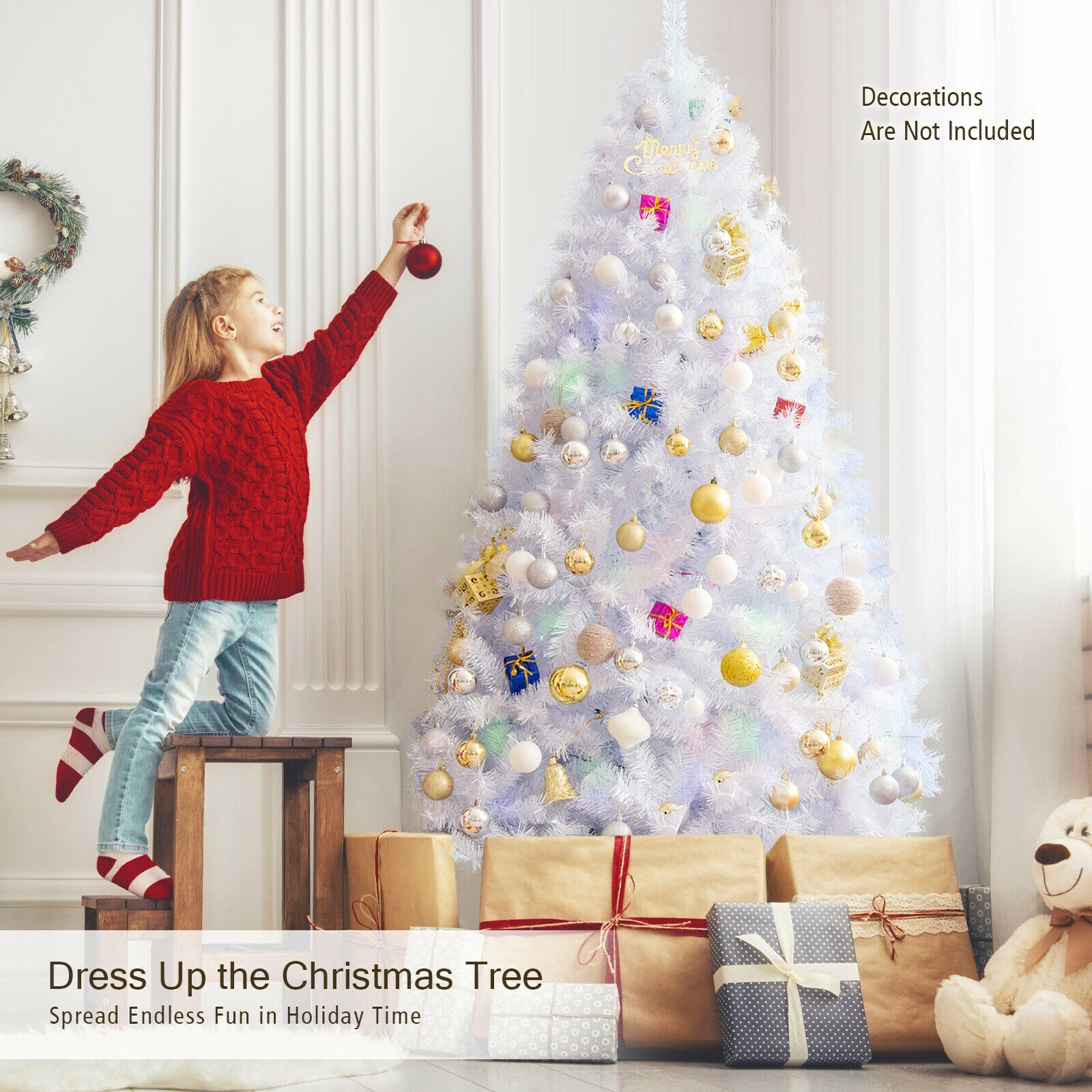 SUGIFT 7-ft White Iridescent Tinsel Artificial Christmas Tree with 1156 Branch Tips and Folding Metal Stand