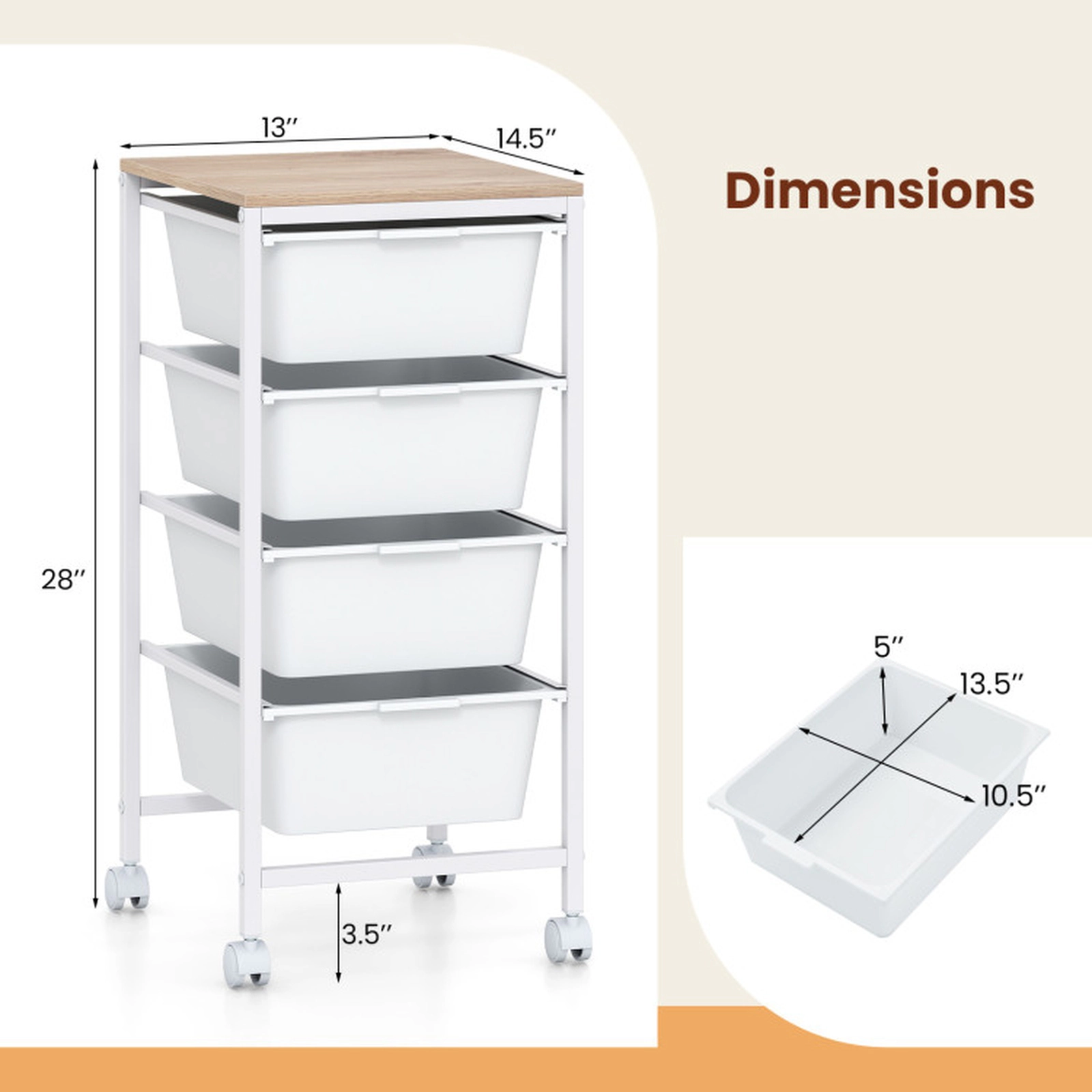 SUGIFT 5-Drawer Rolling Storage Cart White with Wooden Tabletop and Lockable Wheels
