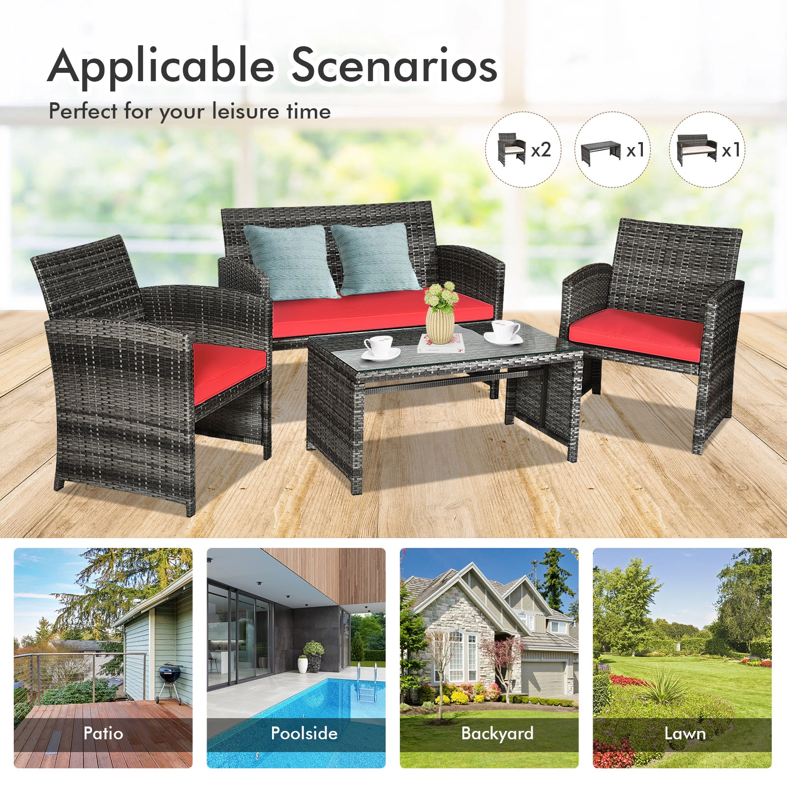 SUGIFT Loveseat 2 Chairs and Glass Table 4-Piece Patio Rattan Conversation Set