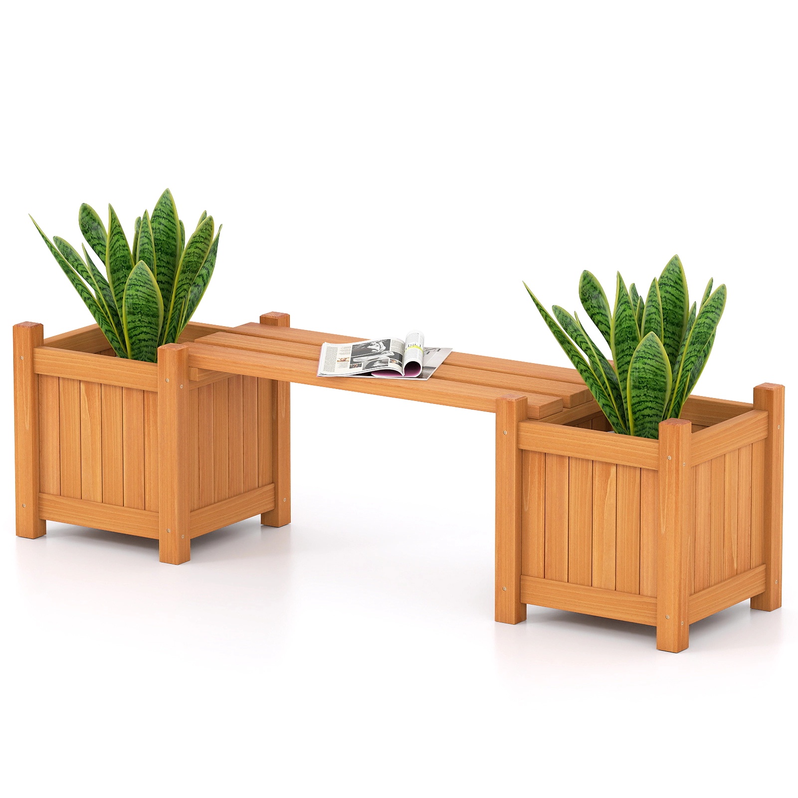 LJG 3-in-1 Outdoor Planter Box with Bench 2-Person Outdoor Bench with 2 Side Garden Beds
