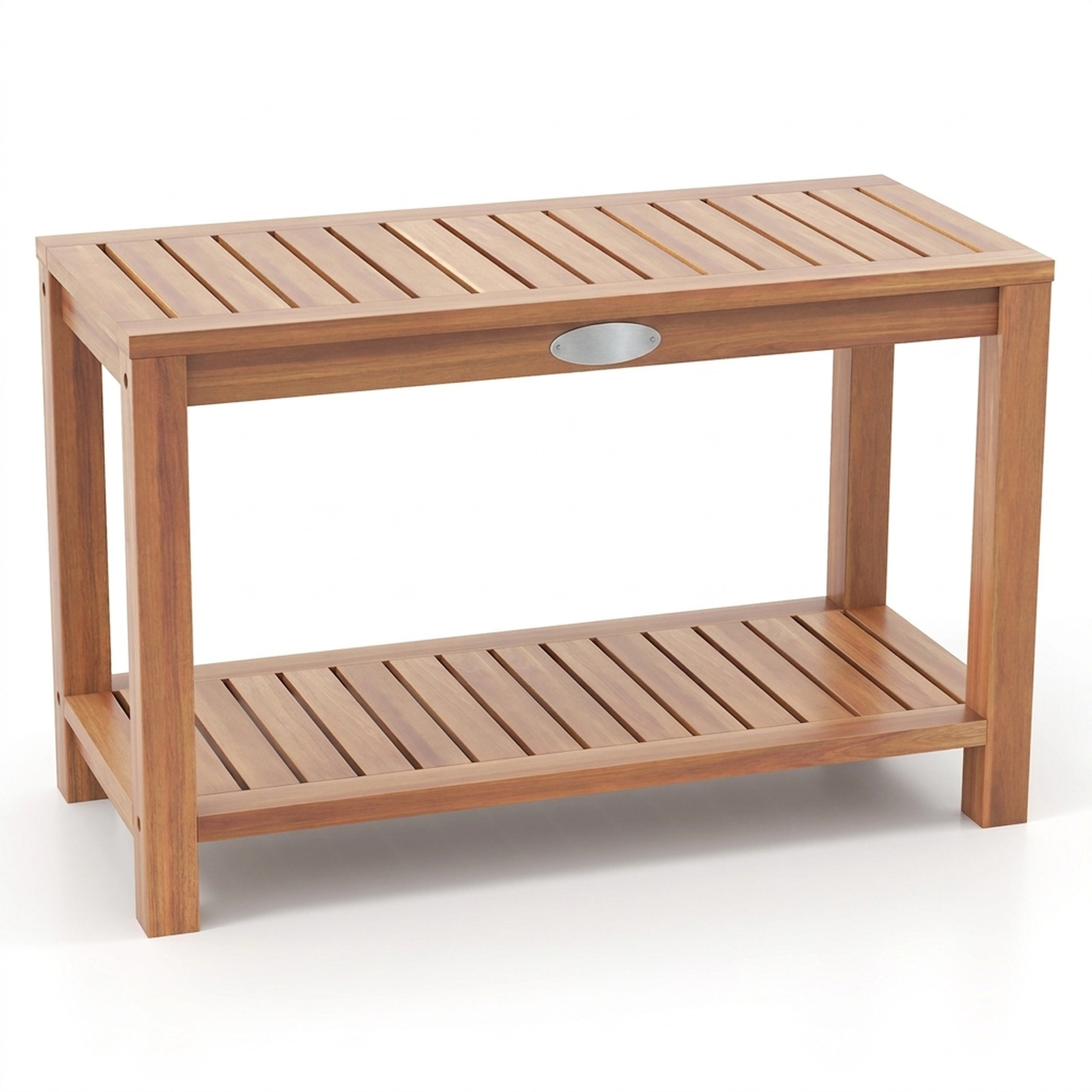 SUGIFT 2-Tier Slatted Storage Shelf Solid Teak Wood Shower Bench 30-in x 12.5-in x 18-in 330-lb Capacity Natural