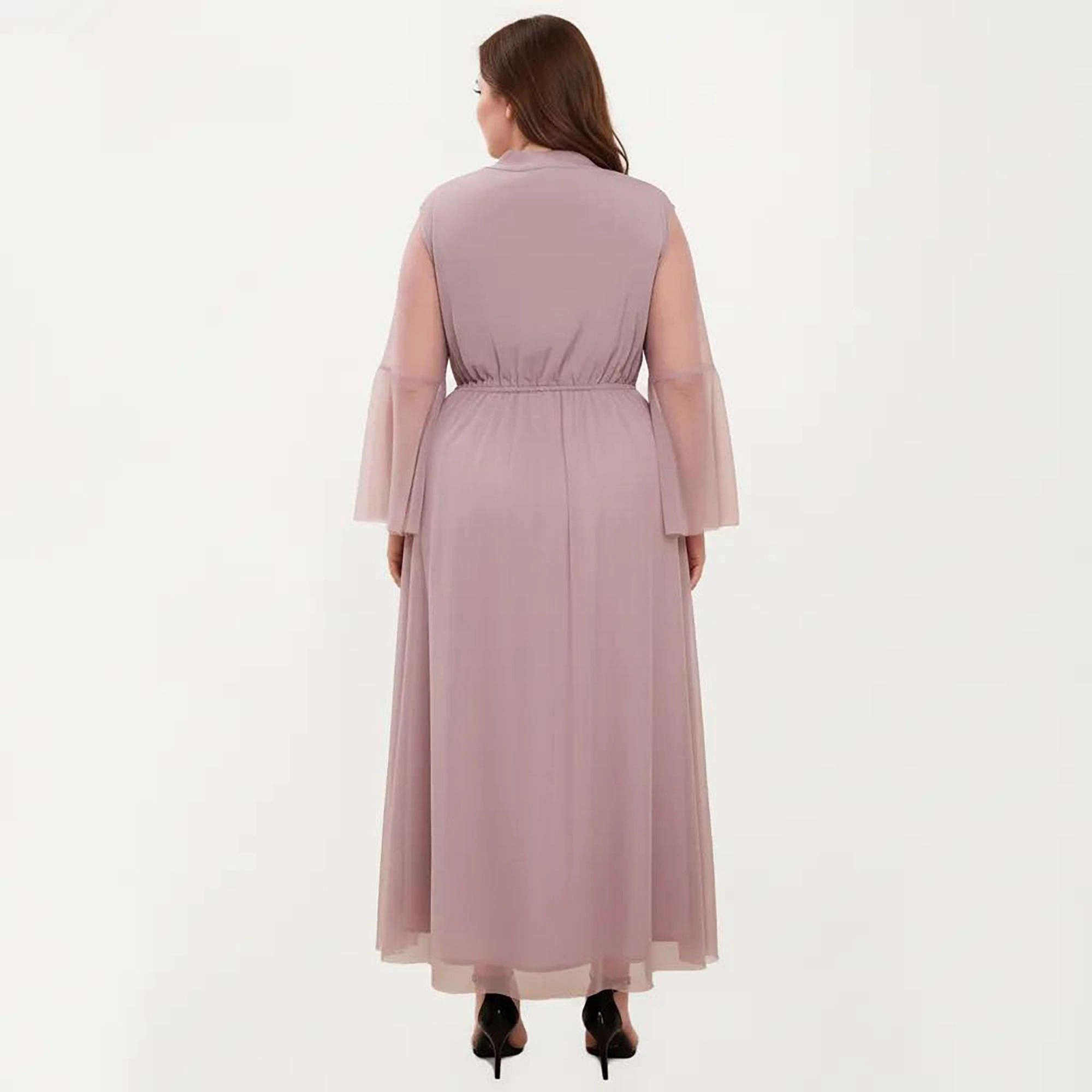 Anna-Kaci Women's Plus Long Sleeve Embroidered Mesh Flowy Skirt Defined Waist Midi Dress