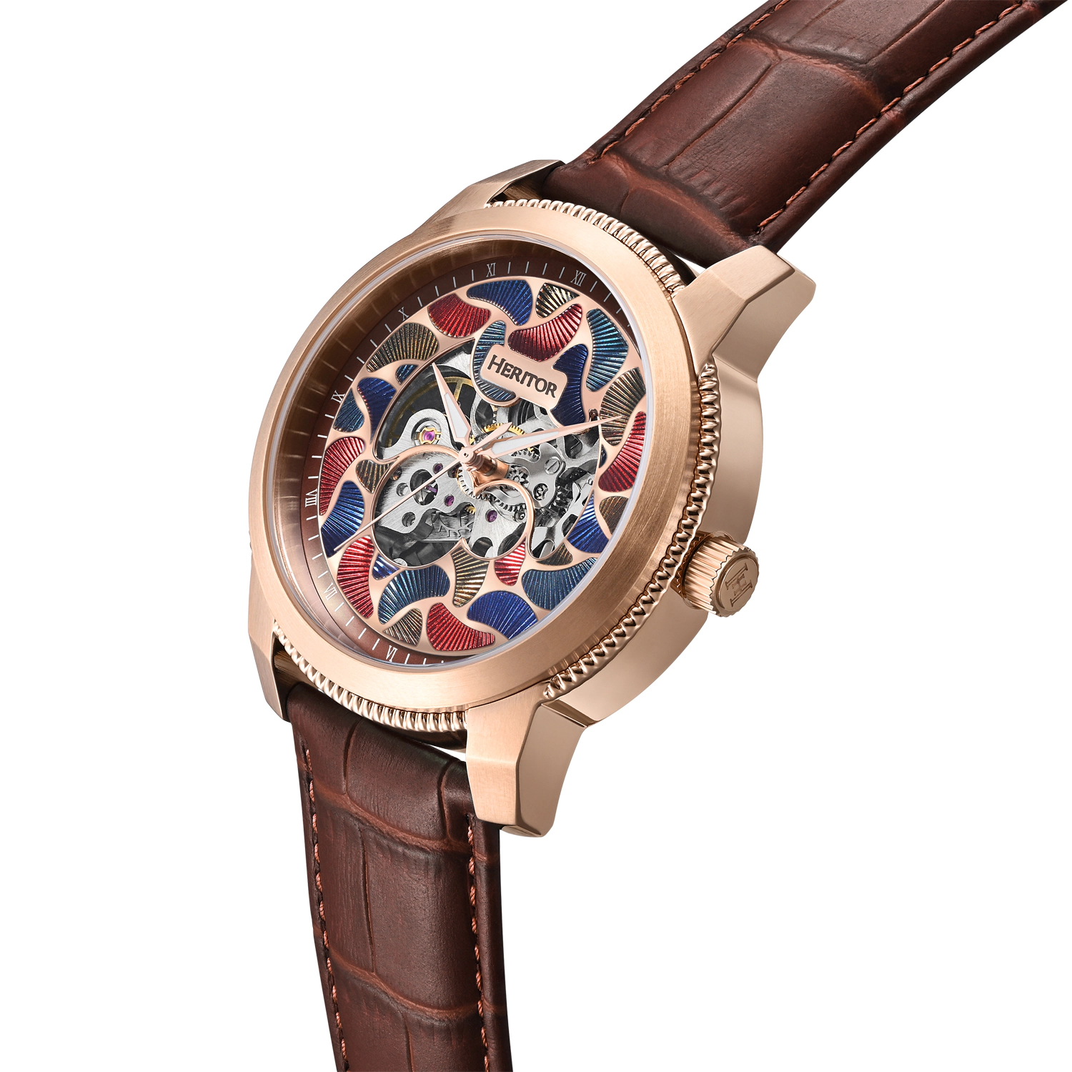 Heritor Automatic Emmanuel Semi-Skeleton Leather-Band Watch