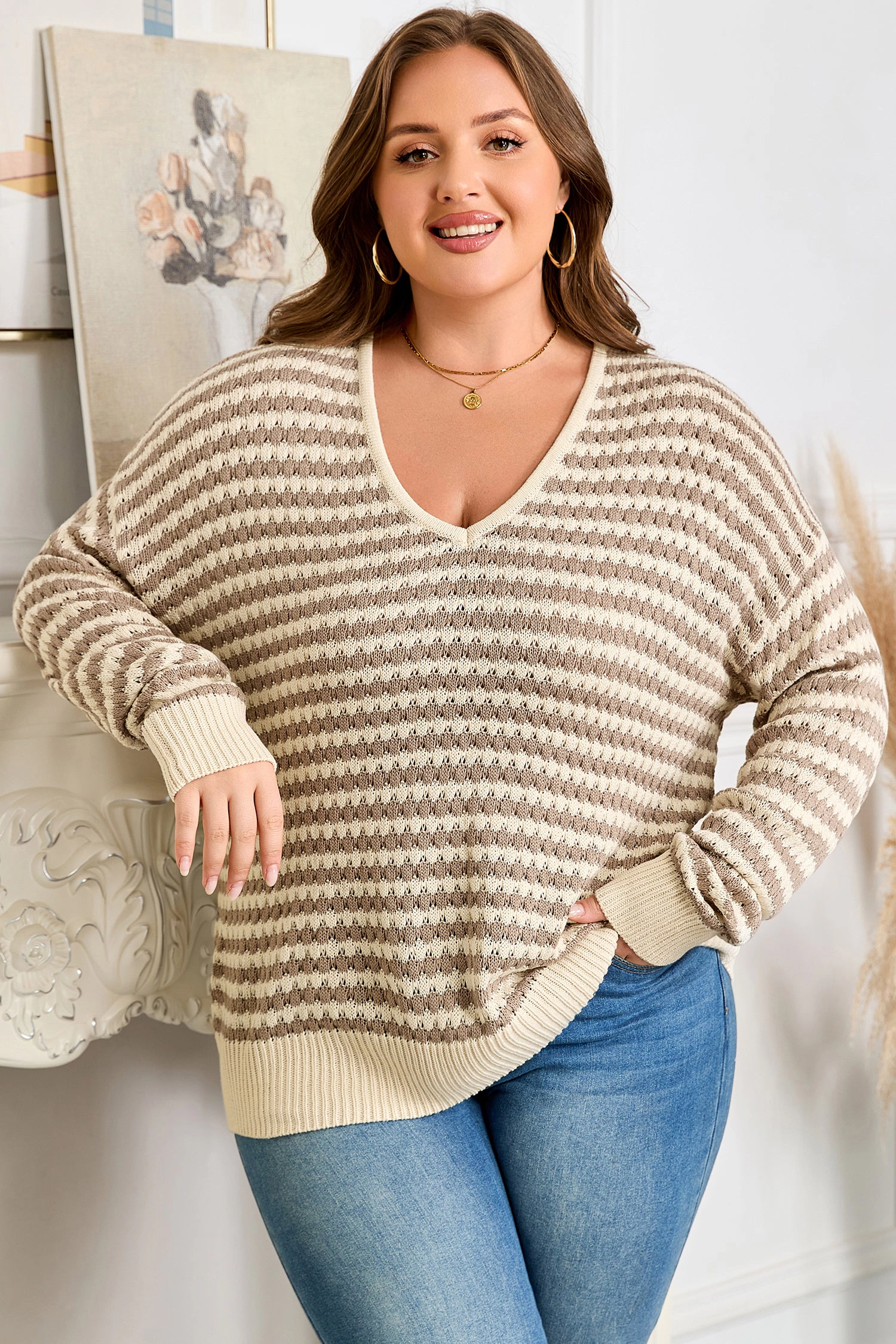 Threaded Pear Women's Emory Stripe Drop Shoulder PLUS Sweater