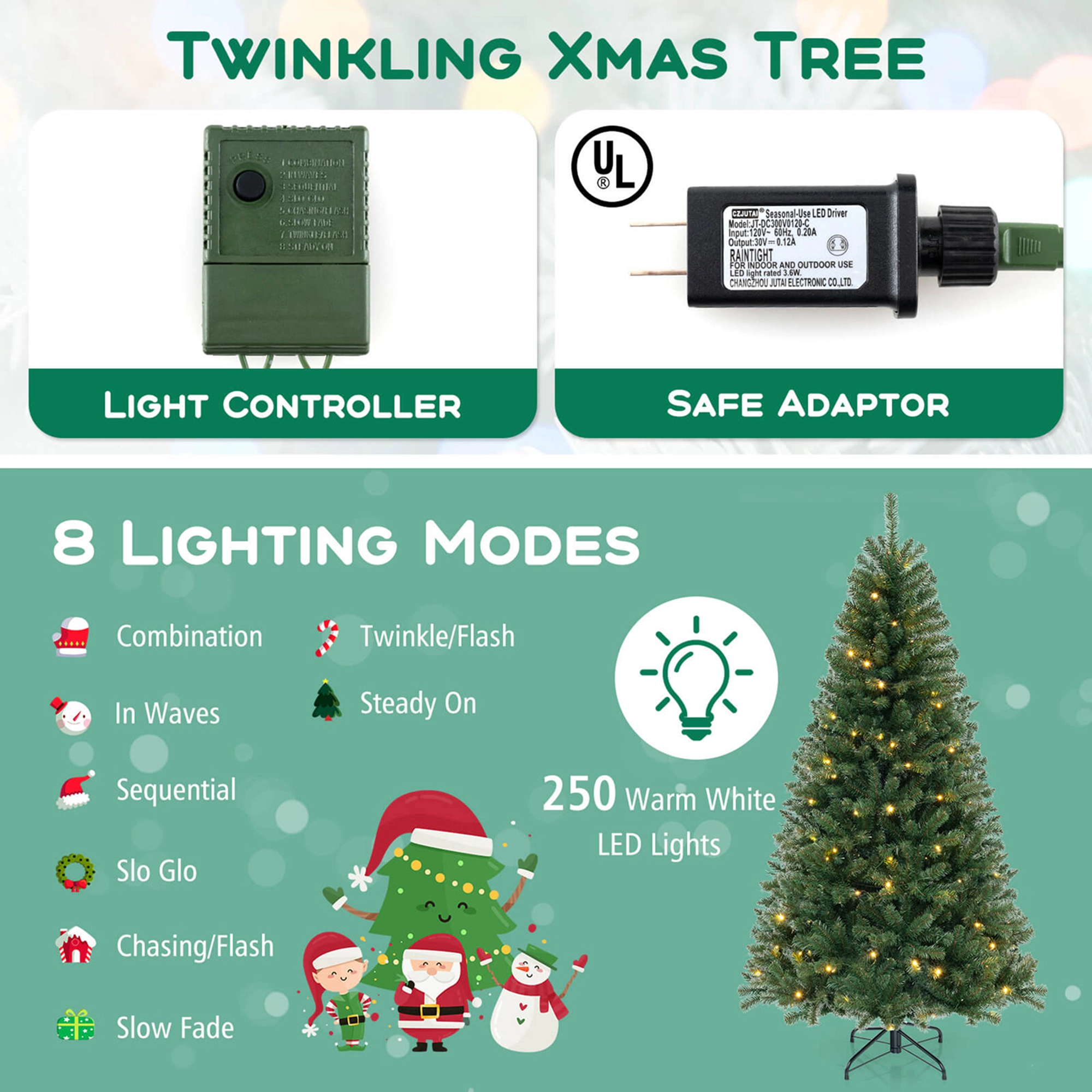 Costway 6/7/8 FT Christmas Tree with 568 PVC Branch Tips 200/250/400 Warm LED Lights Gloves