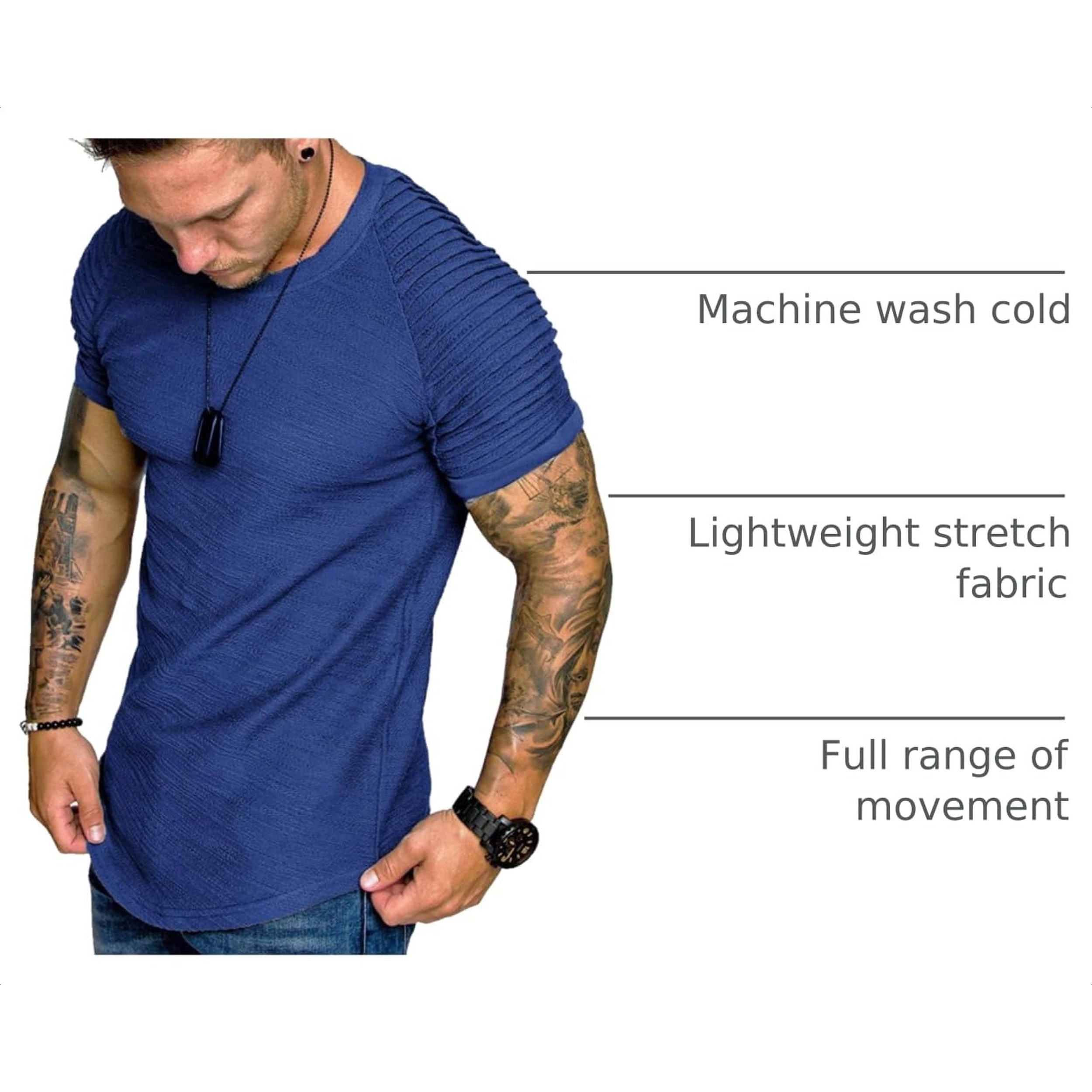 COOFANDY Mens Short Sleeve Crew Neck Tee Ribbed Pleated Sleeves Curved Hem Slim Tops