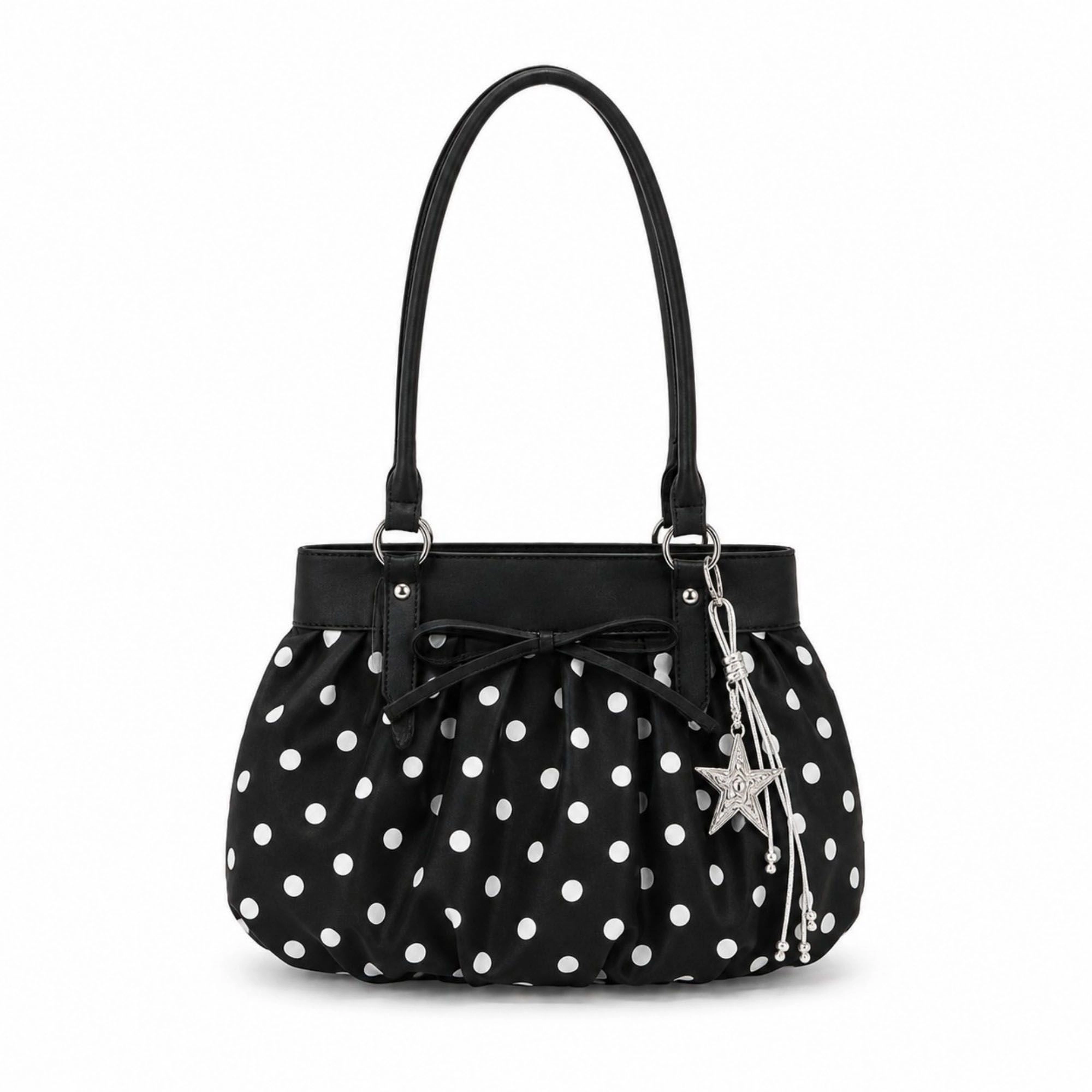 Alilang Women's Polka Dot Ruched Shoulder Bag with Bow Detail and Metal Charm