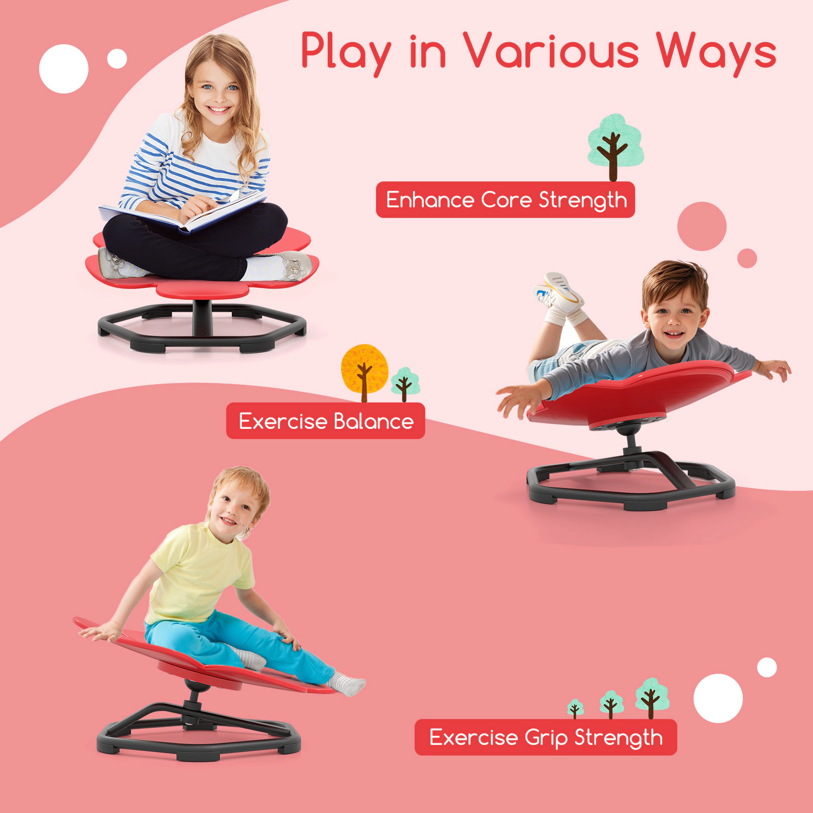 SUGIFT Kids Sensory 360° Swivel Chair Petal Seat 220-lb Capacity Ages 3+ Blue/Red PP Seat & Metal Base 21 x 19.5 x 10 in