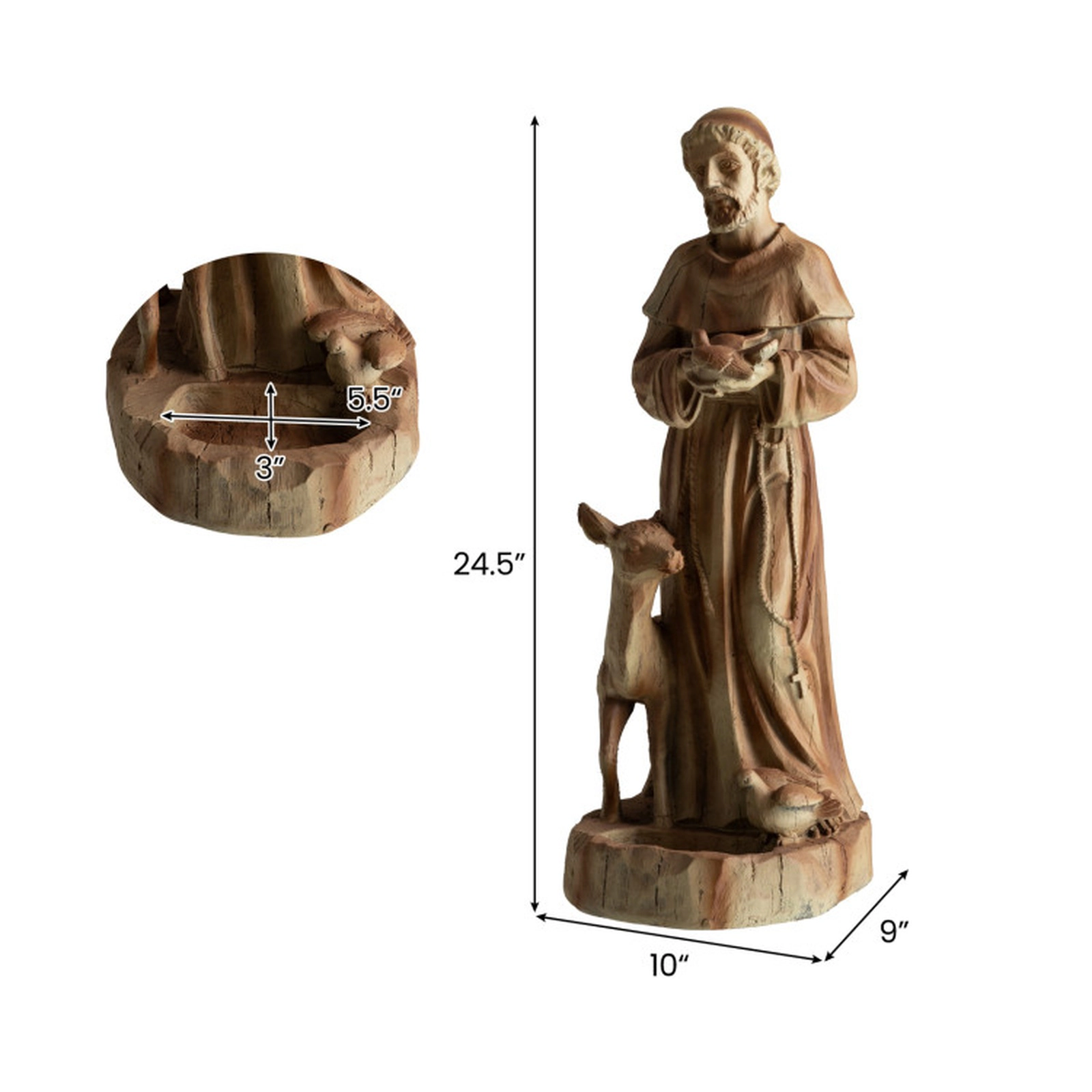 SUGIFT Rustic Brown St Francis of Assisi Garden Statue with Bird Feeder 10-in W 9-in D 24.5-in H