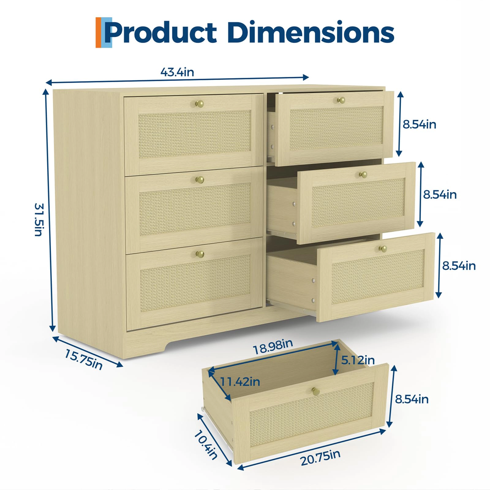 Rattan 6 Drawer Dresser, Modern Boho Wooden Storage Chest with Metal Handles for Bedroom