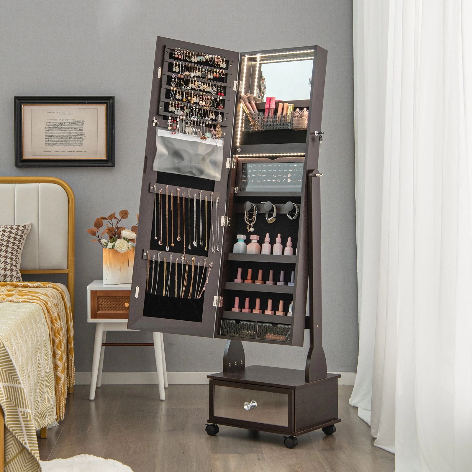 Hivvago 47 Inch Lockable Jewelry Cabinet Armoire with 3-Color LED Lights