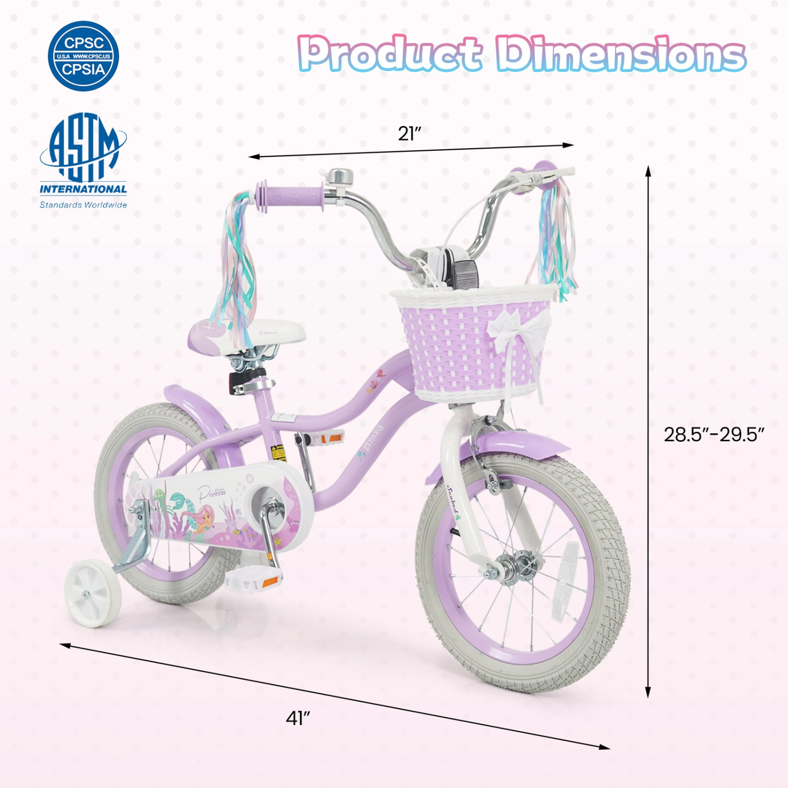 SUGIFT Adjustable 14-In Kids Bicycle Basket & Streamers 110-lb Seat Capacity Ages 3-5 Purple Princess of the Sea Theme