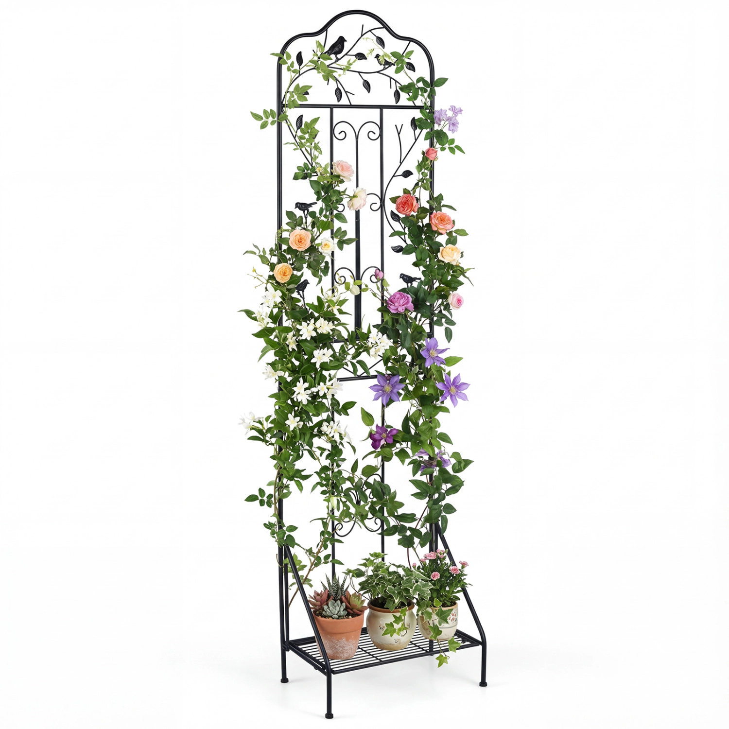 LJG 75 x 20 Inch Outdoor Metal Garden Trellis with Foldable Bottom Shelf