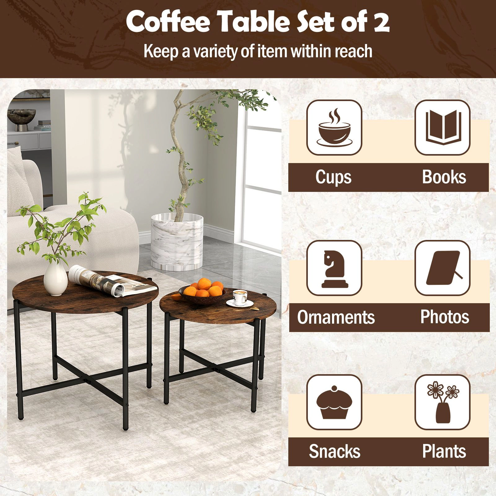 SlickBlue Round Coffee Tables Set of 2 with Metal Frame