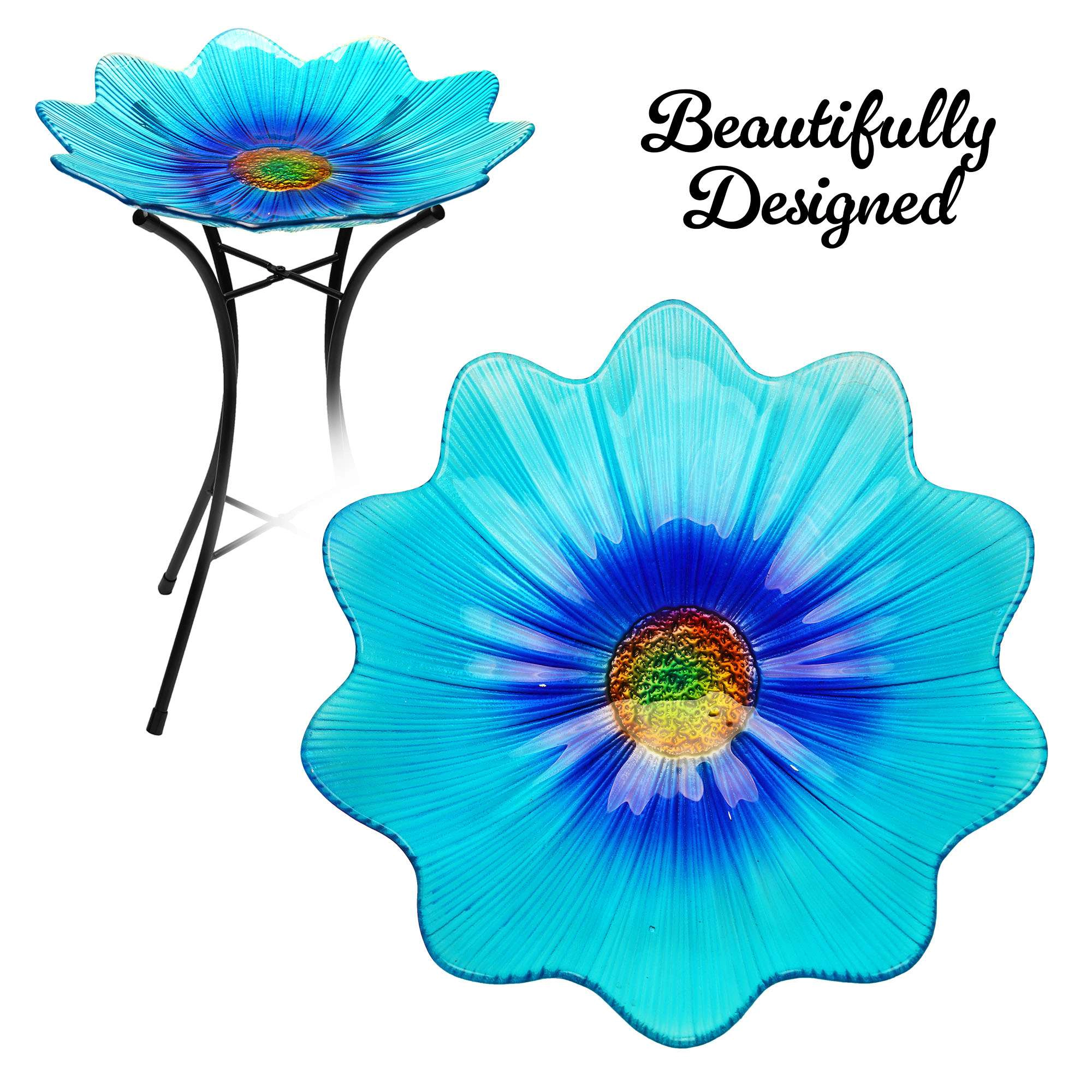 G128 19 Inch Blue Glass Bird Bath with Stainless Metal Stand, Decorative Outdoor Bird Feeder Bowl