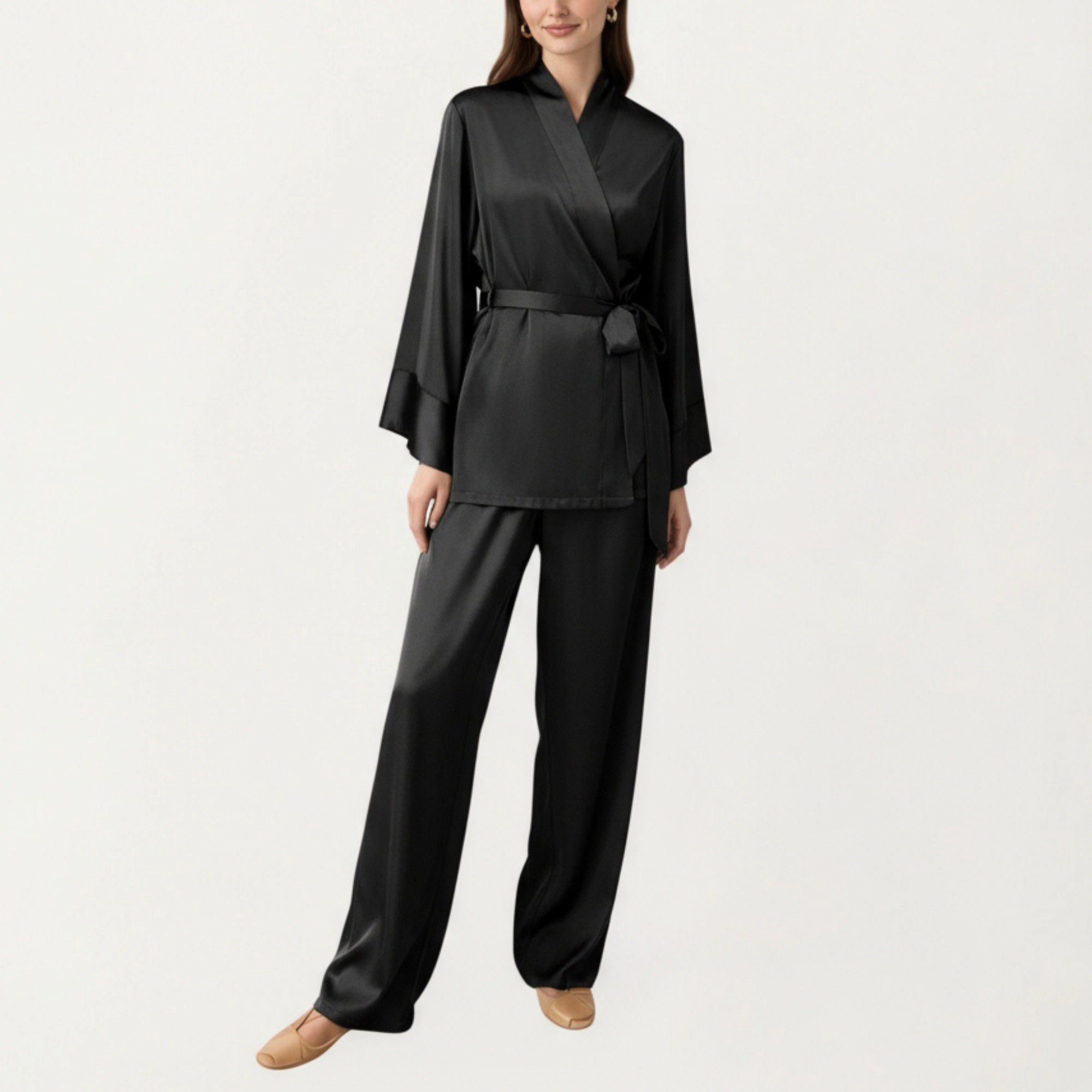 Anna-Kaci Women's 2-Piece Satin Wrap Long Sleeve Belted Top and Wide Leg Pants