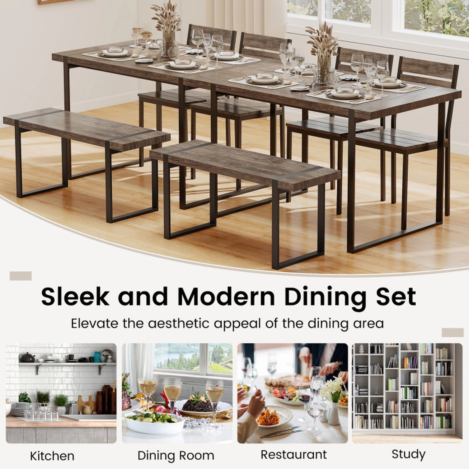 SUGIFT 4-Piece Dining Table Set with Bench and 2 Curved-Back Chairs, Gray and Black