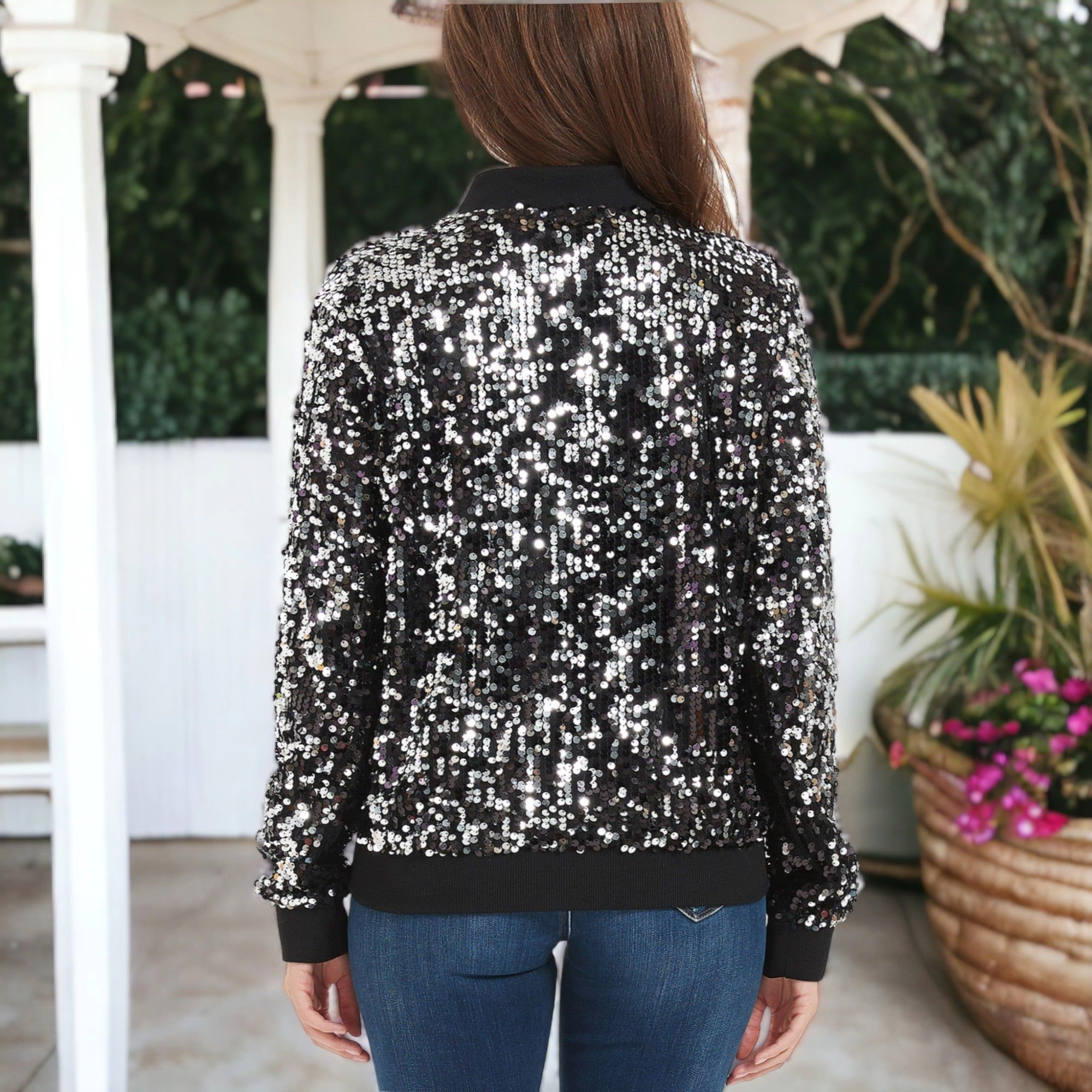 Anna-Kaci Women's Sequin Design Jacket Sparkle Long Sleeve Front Zip Blazer Bomber With Pockets