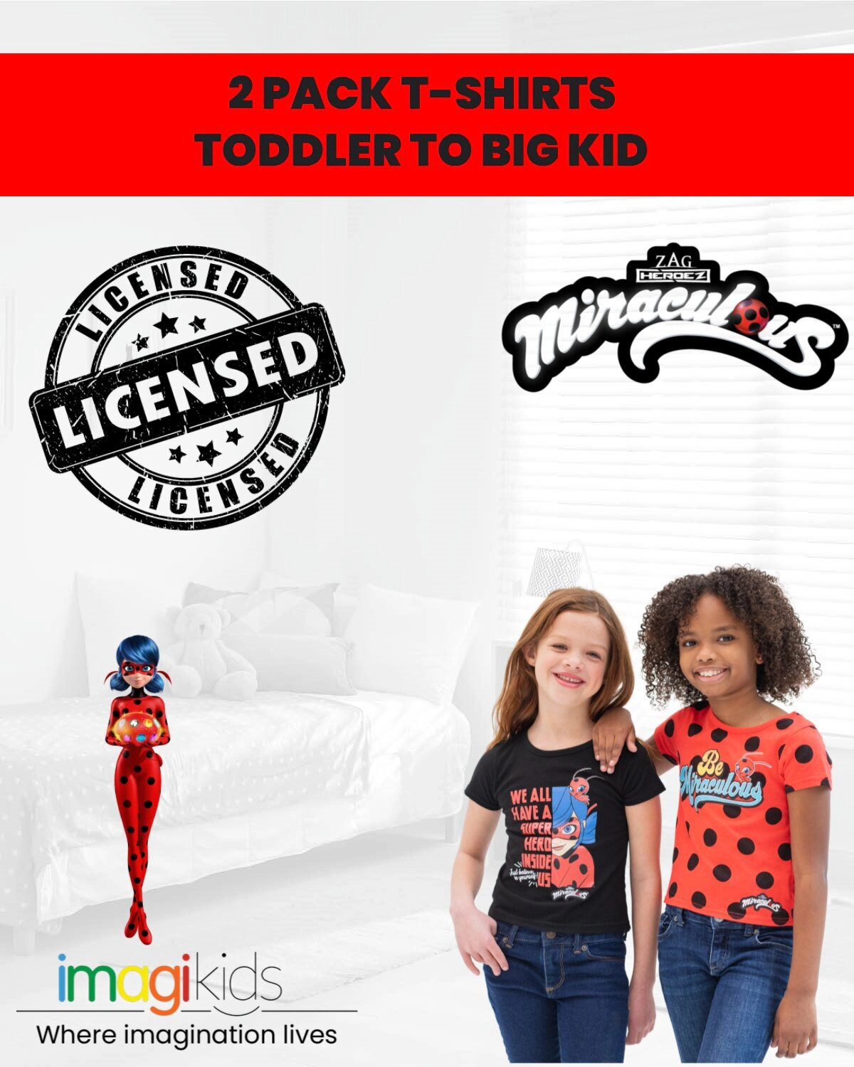 Miraculous Ladybug Girls' 2-Pack Short Sleeve T-Shirts