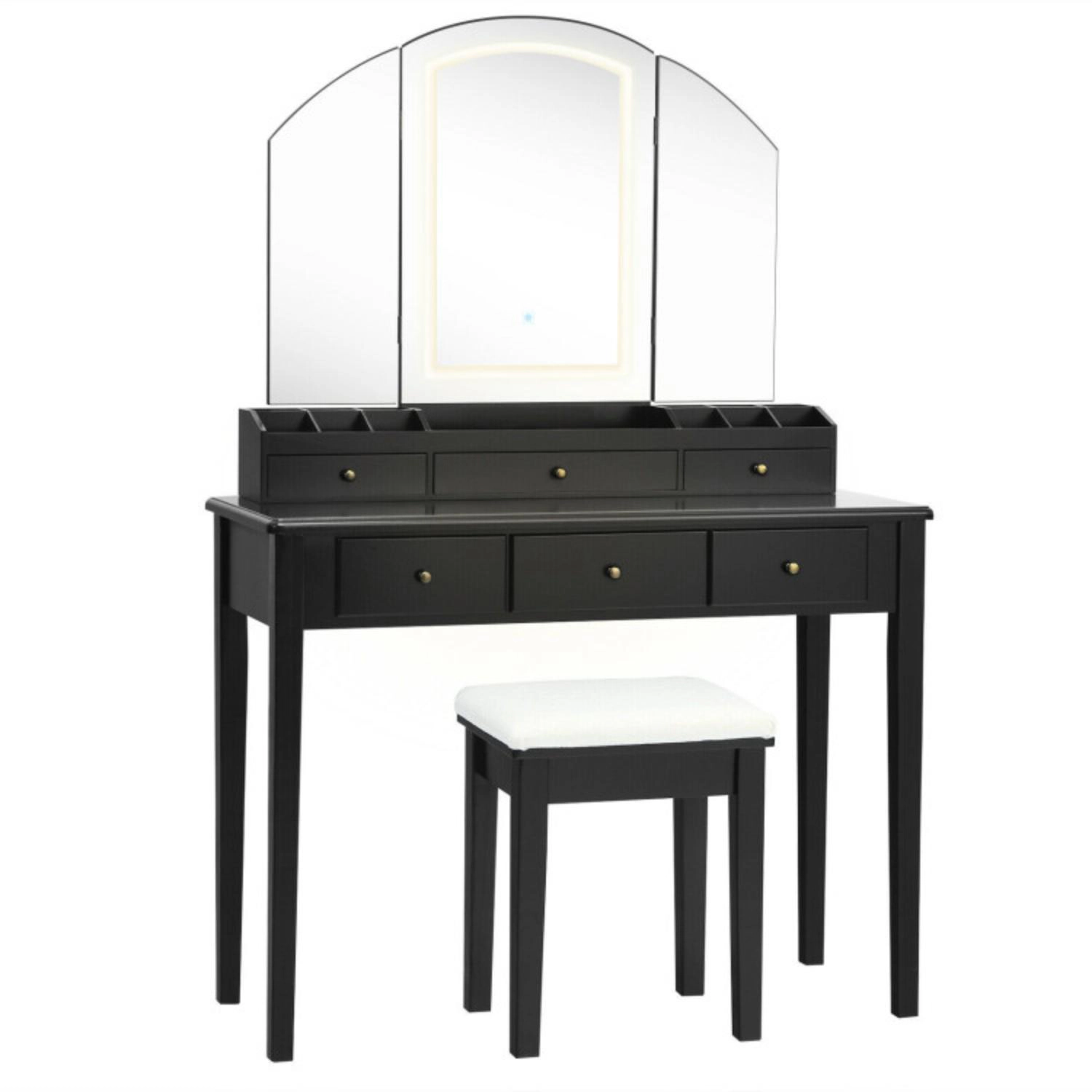 Hivvago Vanity Table Stool Set With Large Tri-Folding Lighted Mirror