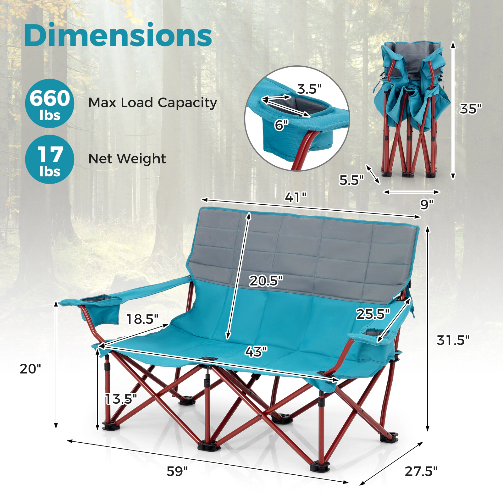 SUGIFT Oversized Folding Loveseat Camping Chair with Cup Holders 660-lb Capacity 59-in Wide 2-Person Green/Navy Blue