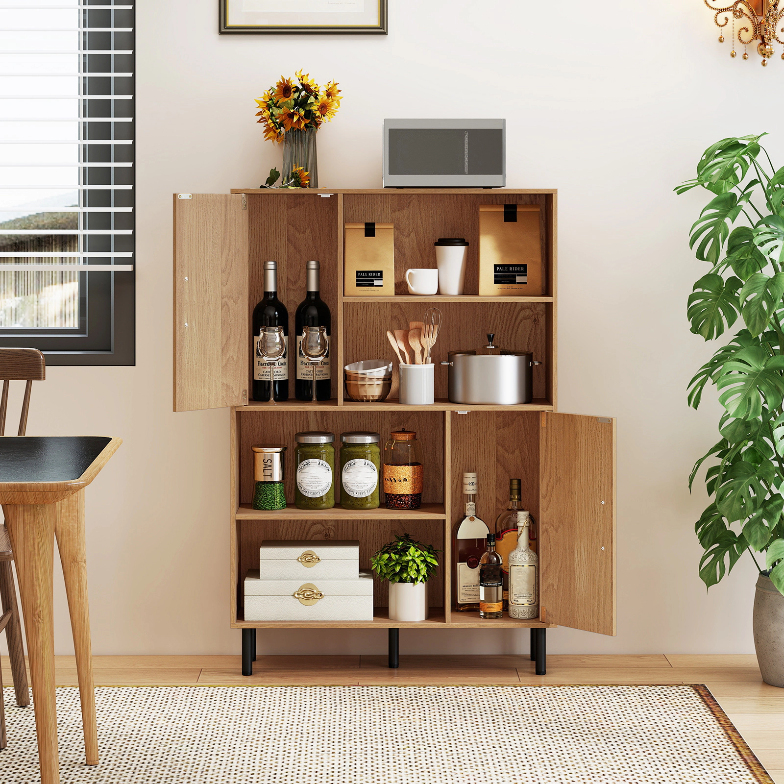 SUGIFT 47-in 31.5 x 9.5 x 47 in Freestanding Storage Cabinet Bookcase 2 Doors & 4 Open Shelves 176-lb Capacity Natural