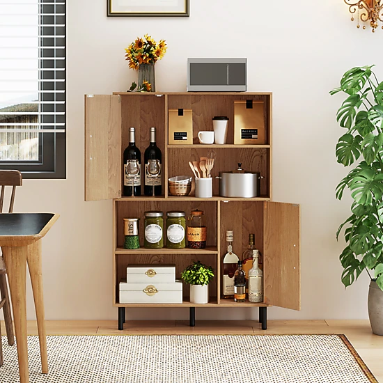 SUGIFT 47-in 31.5 x 9.5 x 47 in Freestanding Storage Cabinet Bookcase 2 Doors & 4 Open Shelves 176-lb Capacity Natural