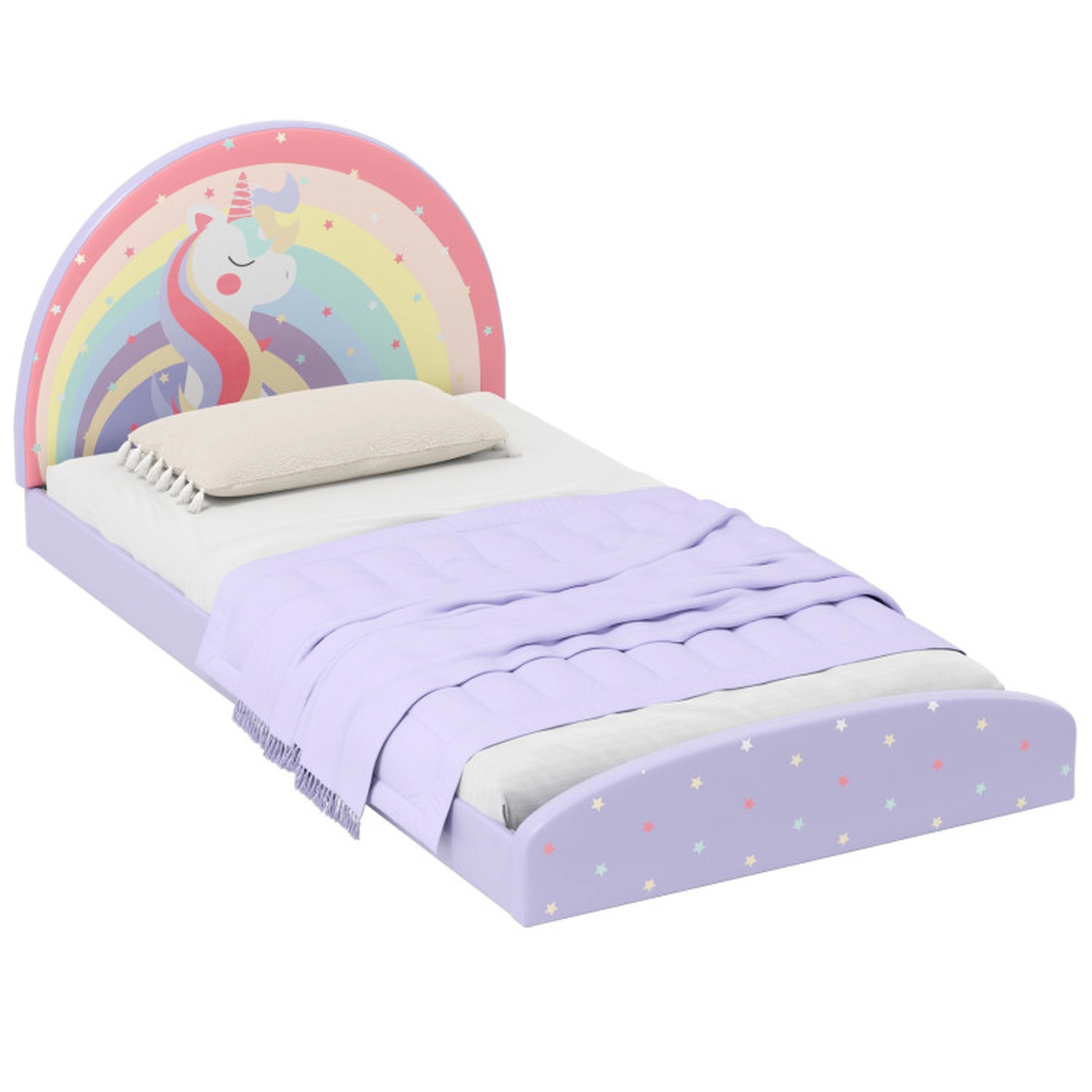 SUGIFT Upholstered Twin Floor Bed Frame with Rainbow Unicorn Headboard 176-lb Capacity Ages 3+ Purple
