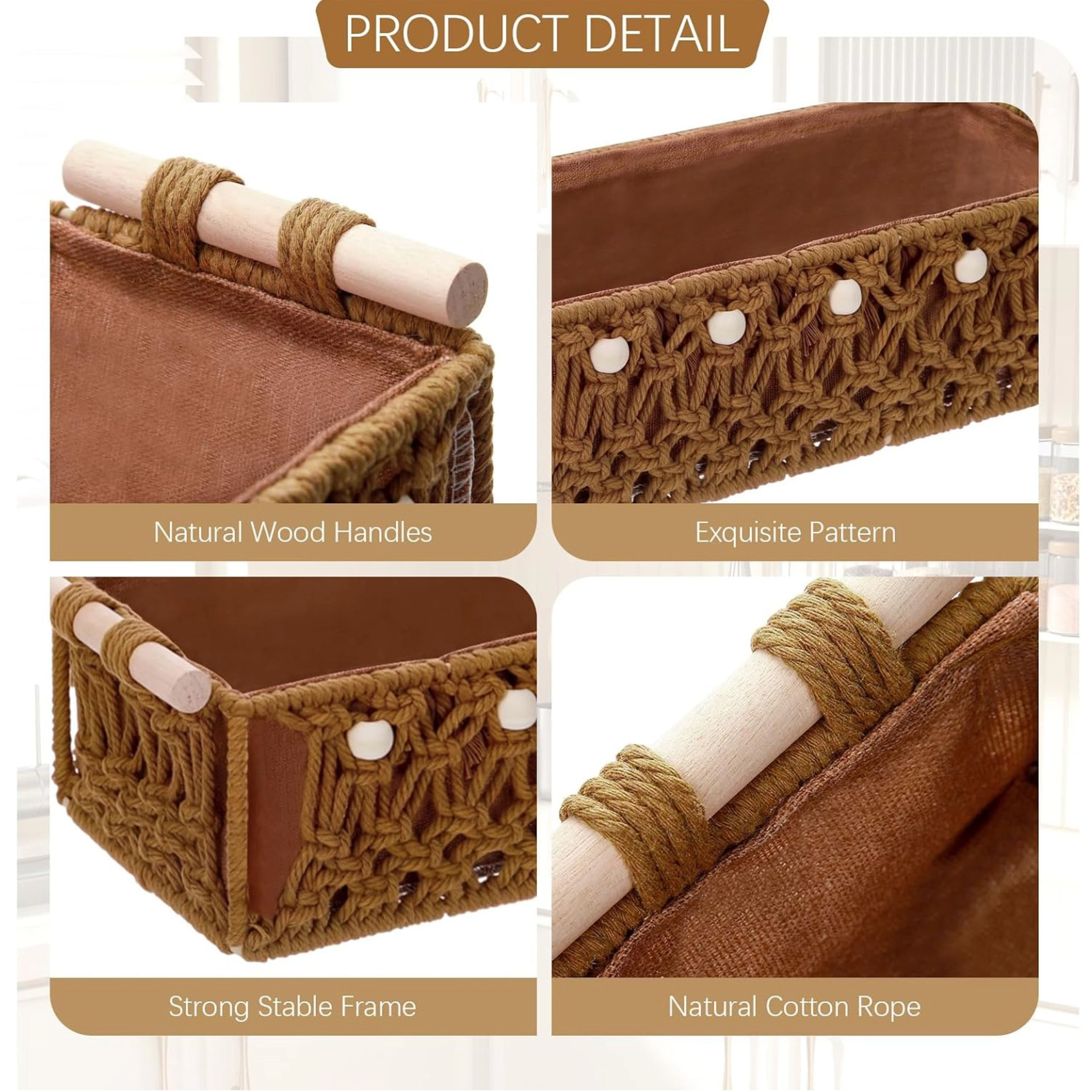 Stock Preferred Pack of 4 Macrame Storage Baskets with Wood Handles 13x11 Inch