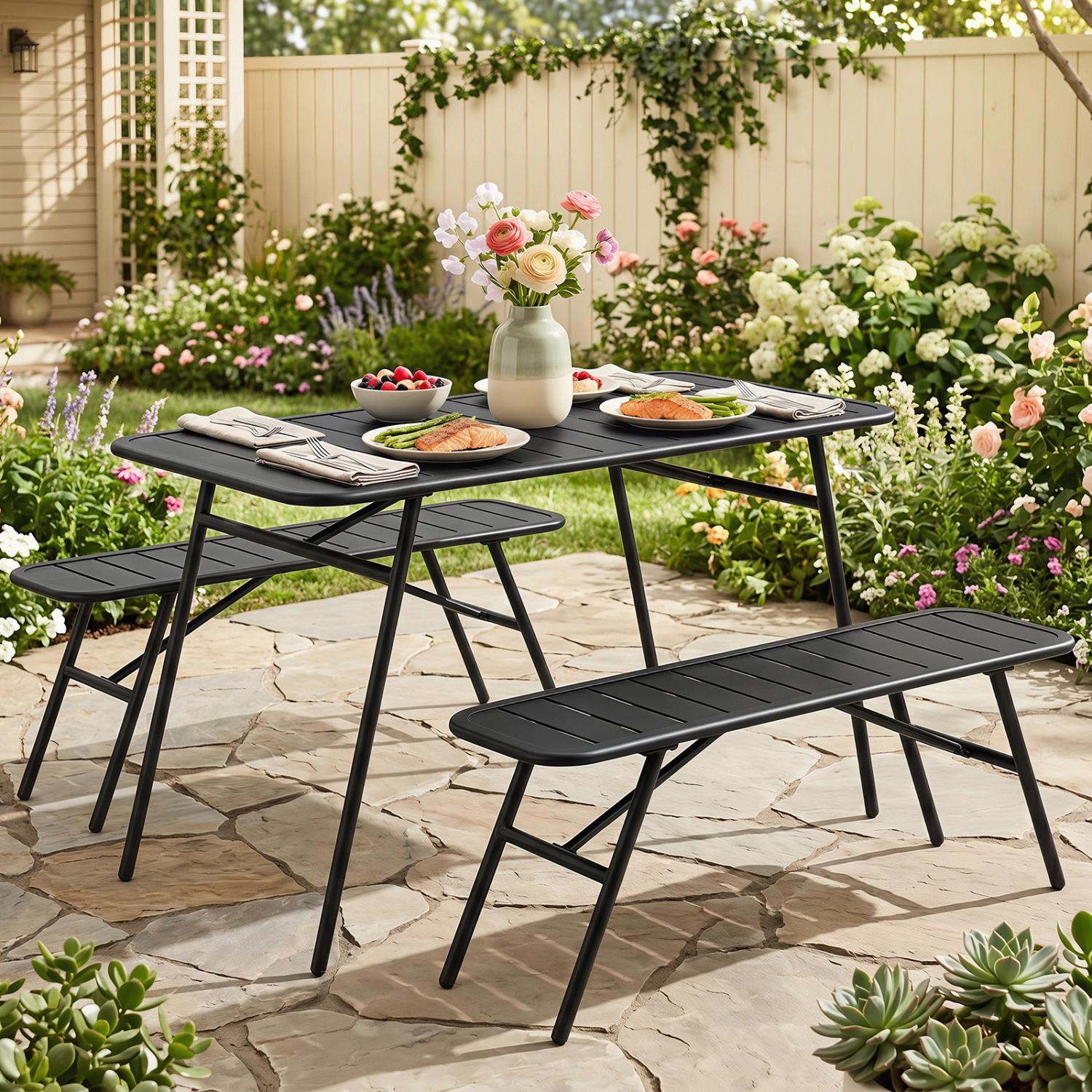 LJG 3-Piece Outdoor Dining Set with Coffee Table and 2 Benches for Backyard Deck