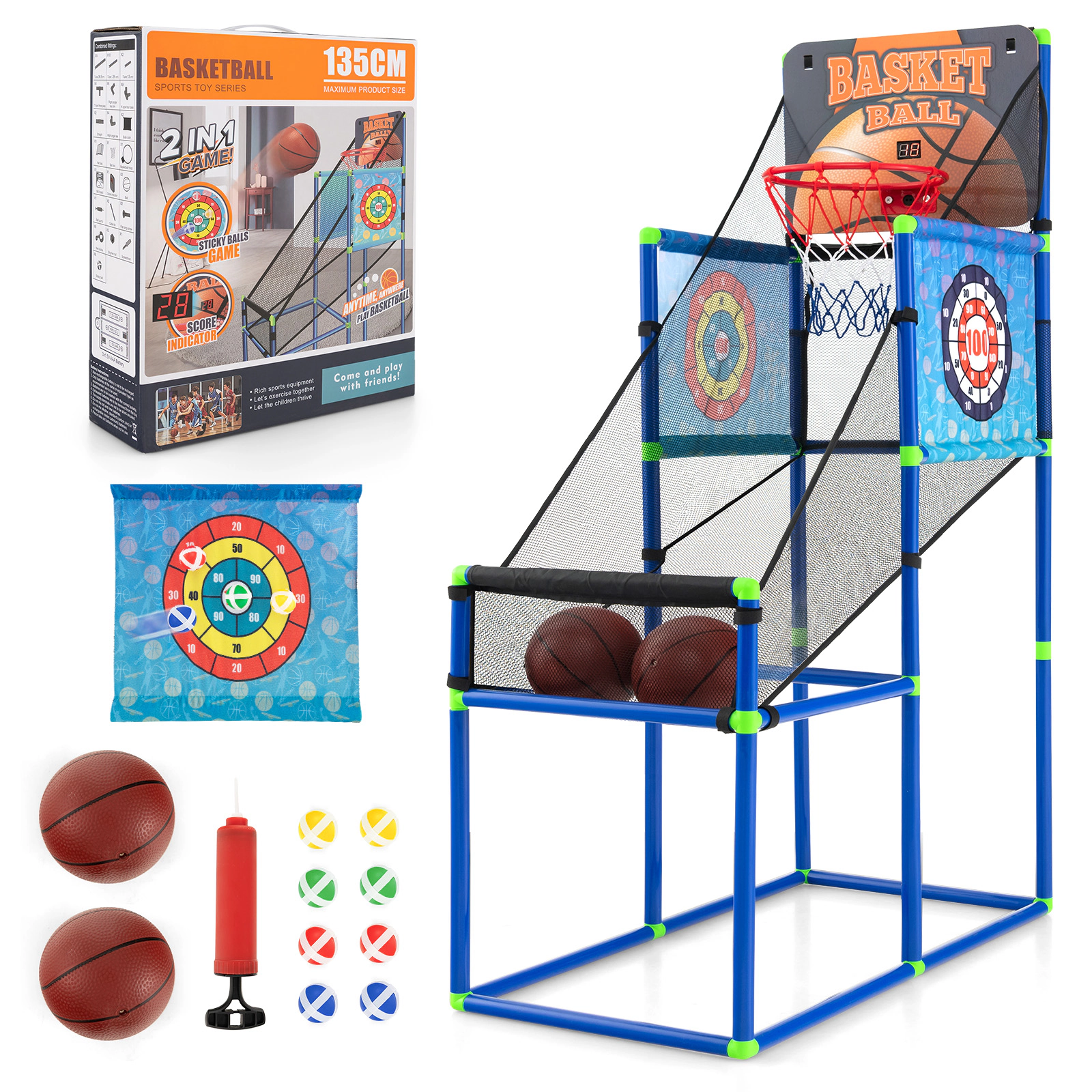 SUGIFT Kids 2-in-1 Basketball Arcade Game Cloth Targets Electronic Scoreboard 2 Basketballs 53-in Tall Ages 3+ Blue