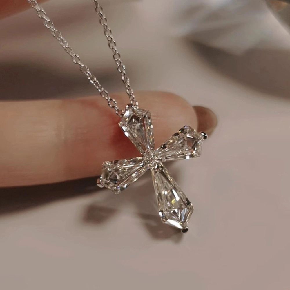 Wardrobe Whimsy Emerald Cut Cubic Zirconia Cross Pendant Necklace Dainty Religious Jewelry